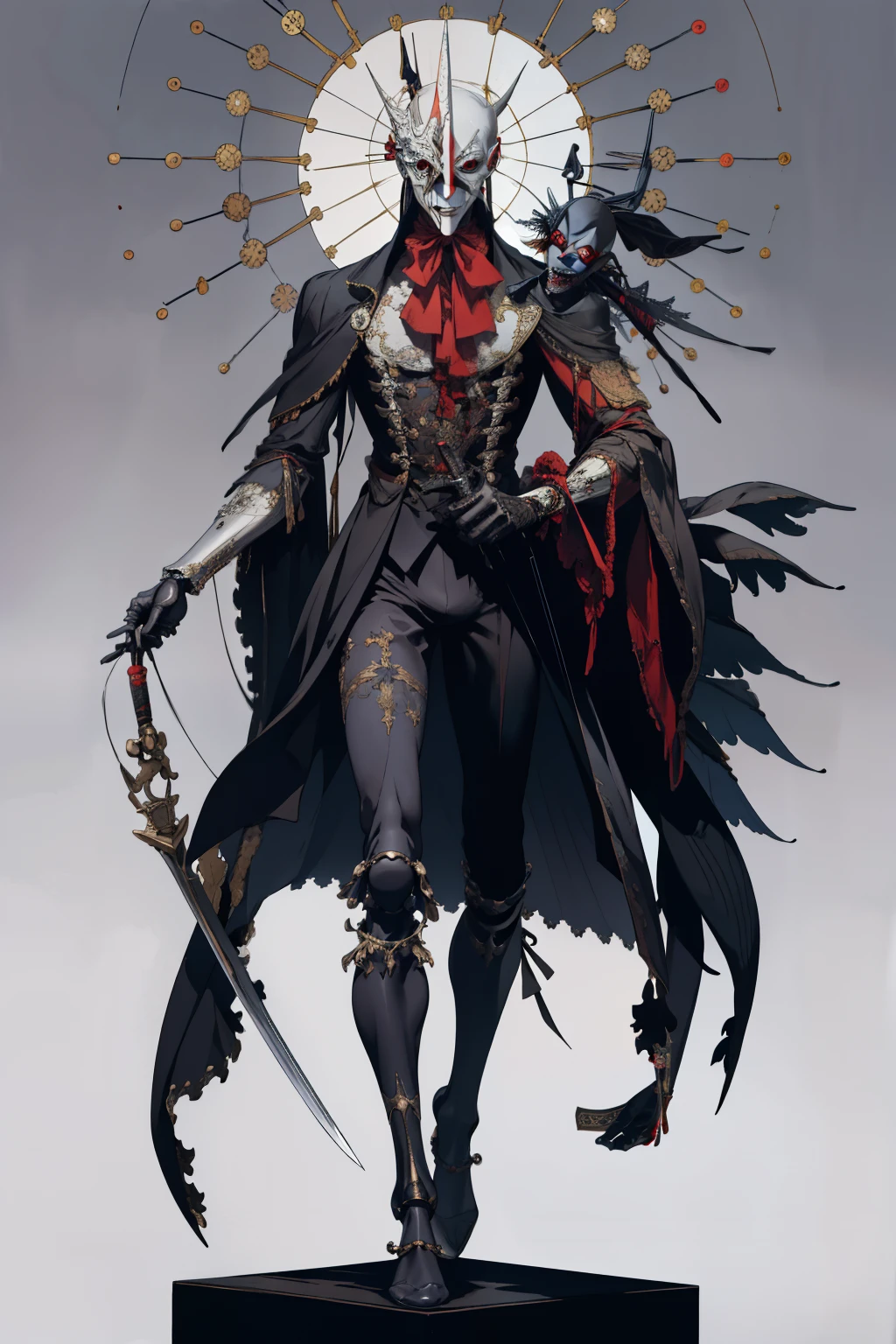 there is a statue of a man with a mask and a sword, creepy masked marionette puppet, full body 1 / 6 nihei tsutomu, inspired by Pietro Longhi, machiavellian puppetmaster, clown, by Karel Dujardin, ( highly detailed figure ), high detail iconic character, detailed humanoid, detailed picture, highly detailed figure