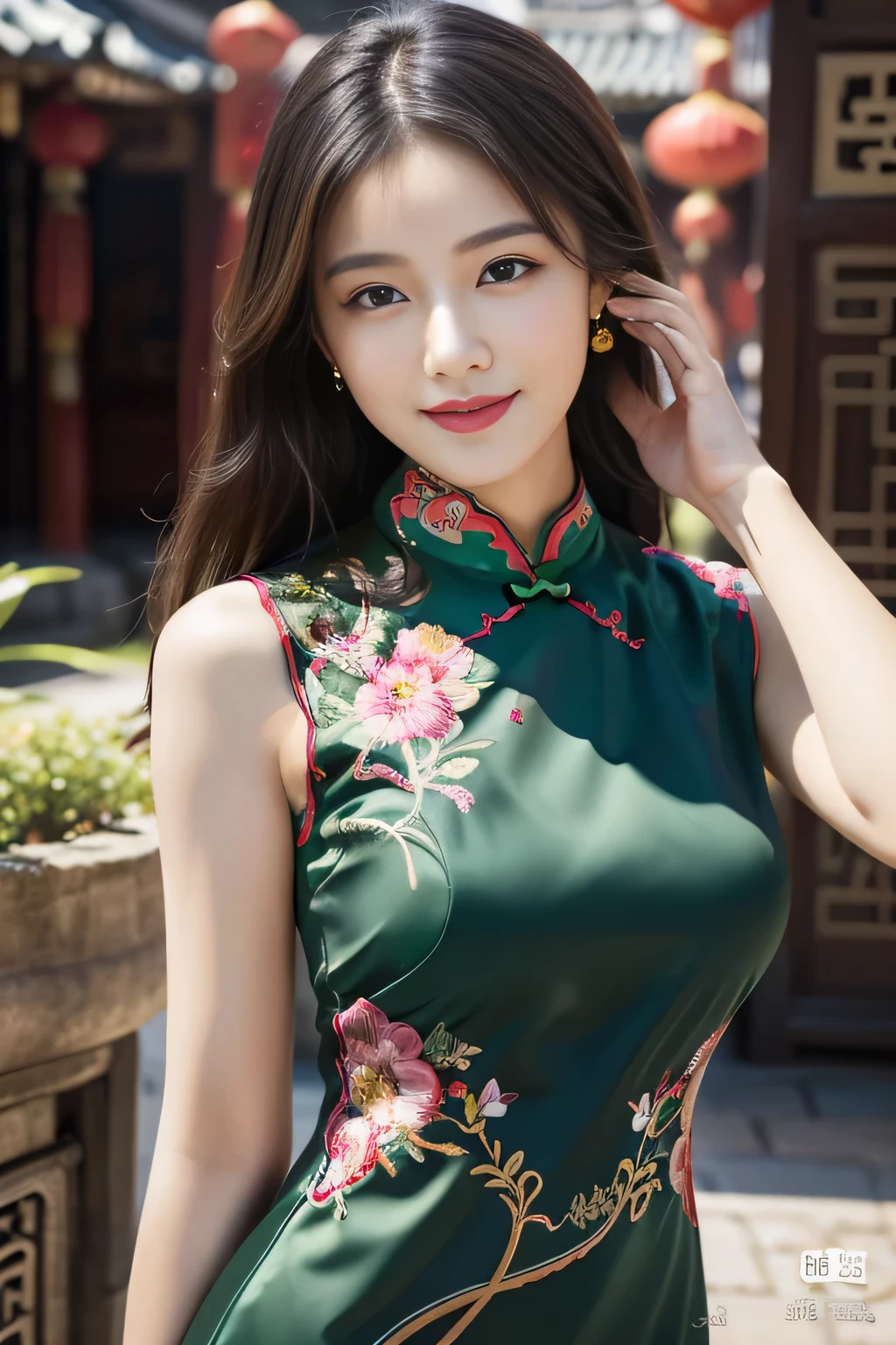 Ulchan-6500-v1.1, (RAW photo:1.2), (Photoreal:1.4), Delicate beautiful girl,The sparkling eyes have a very nice atmosphere............,18-year-old, Attractive eyes and moist lips,long black hair,(smile:1.3),detailed depiction of the face,Formula details,Detailed depiction of facial features Star Masterpiece Fine Detail,Please explain your role in detail,Detailed depiction of hair,carefully drawn ,My body is bumpy,Detailed depiction of hands,detailed costume,detailed depiction of the face,perfect face,軍隊で描かれたDetailed depiction of hands,4 fingers and 1 thumb:1.3),orthofacial,choker necklace,lipstick,ear drops,,3/4 photos,works of masters,very close to reality,(upper body photo:1.3),best image quality,highest quality,endless details,8K resolution,(((Beautiful patterned embroidered Chinese dress 1.3))),((Dark Green Cheongsam))),(ancient courtyard scene:1.3),laughter, small waist, sexy pose,bold pose, Beautiful legs visible through the slit of a long skirt