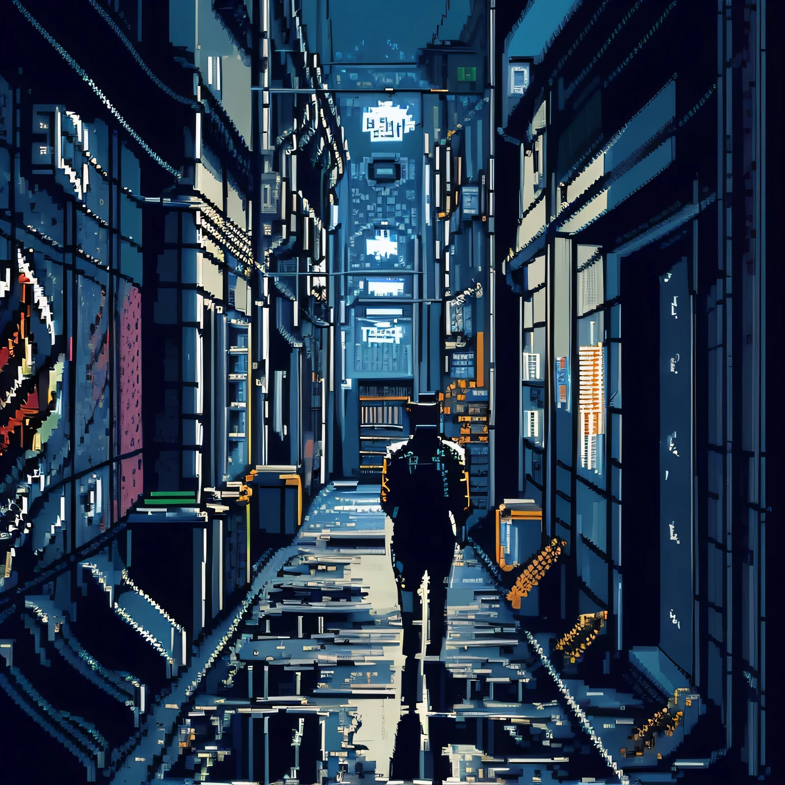 um close de uma pessoa andando por um beco escuro, pixel art ciberpunk, ( ( ( ( ( e Mumford ) ) ) ) ), no estilo e arte de Mumford, in the artistic style of and Mumford, Tornando-se Cyberpunk, e Mumford. octane rendering, inspirado em Dan Mumford, cyberpunk streets in Japan, e Mumford. 8 k octane rendering, e tinta Mumford