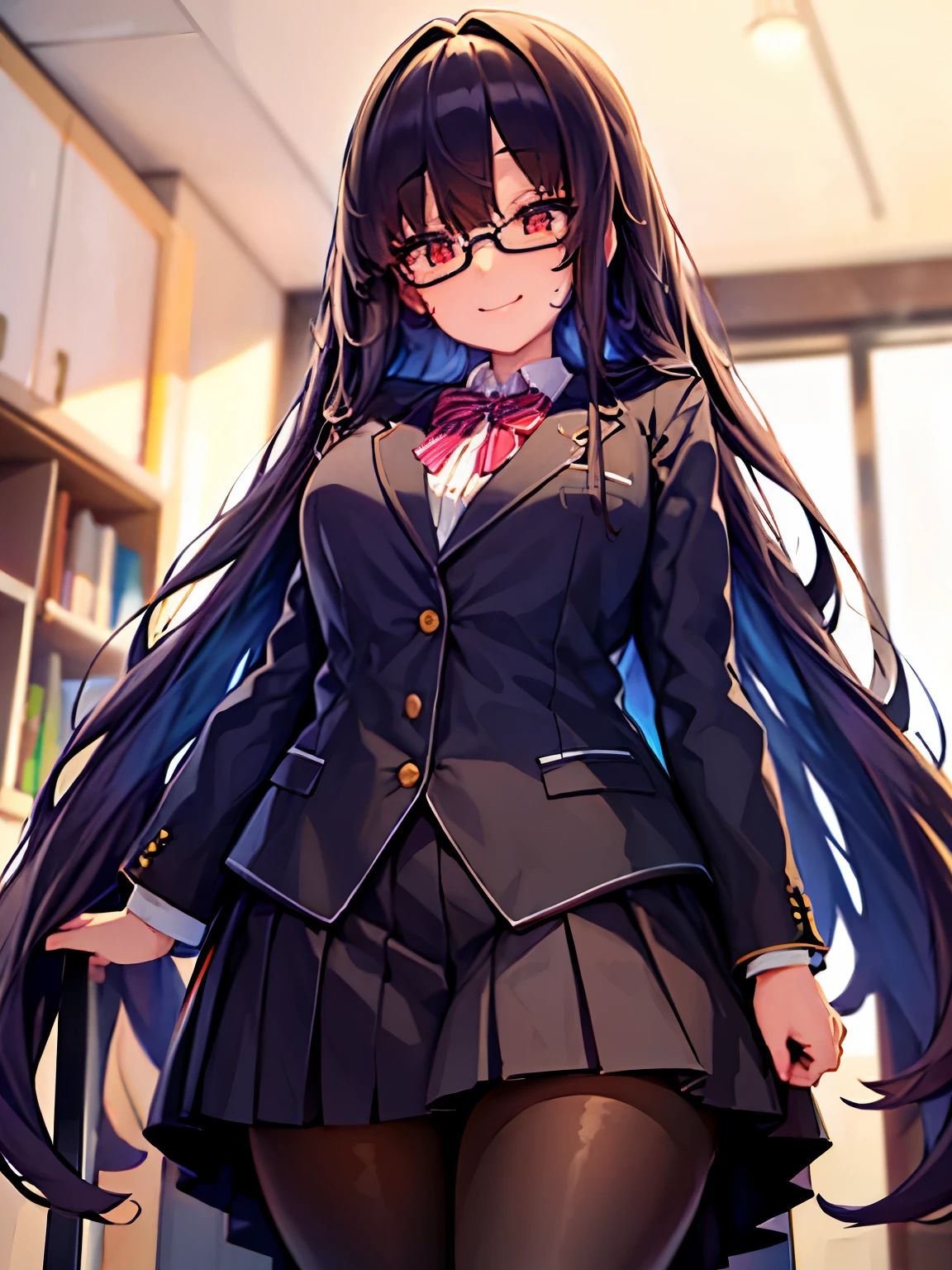 I&#39;m a high school girl，Her hair is long black and straight.。He looks tall。The chest is very huge and the style is quite good。She has a cute face and is smiling with glasses on.。Clothes are school uniform and blazer，Skirt and tights are black。High school girl stands in the classroom。