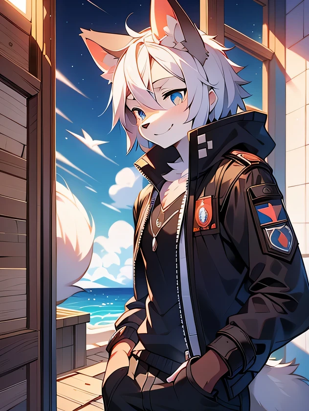 ocean,black star fox, male, (detailed), fluffy, alone, , lifelike, ((clear structural details)), Meticulous and pragmatic, exquisite eyes, (silvery white pupils), ((Silver eyes sparkle)), 的Smile, Smile, Slim, soft, 4k, high quality, high detail, Fine hairs, ((The tail is in the correct position) ,Black trench coat, black tactical pants, two ears