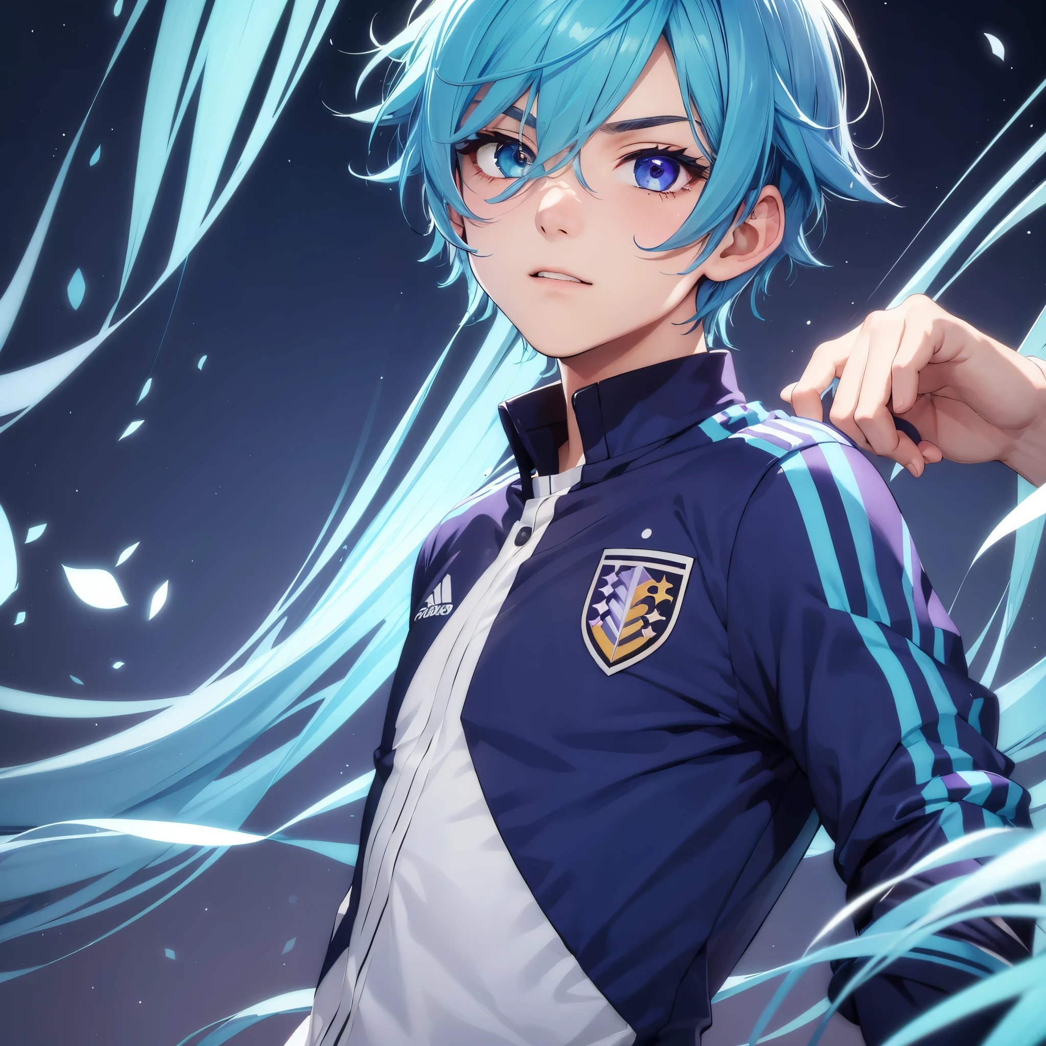 (1boy,masculino,(solo),aquamarine hair),soccer uniform ,heterochromia , one eye green , one eye purple