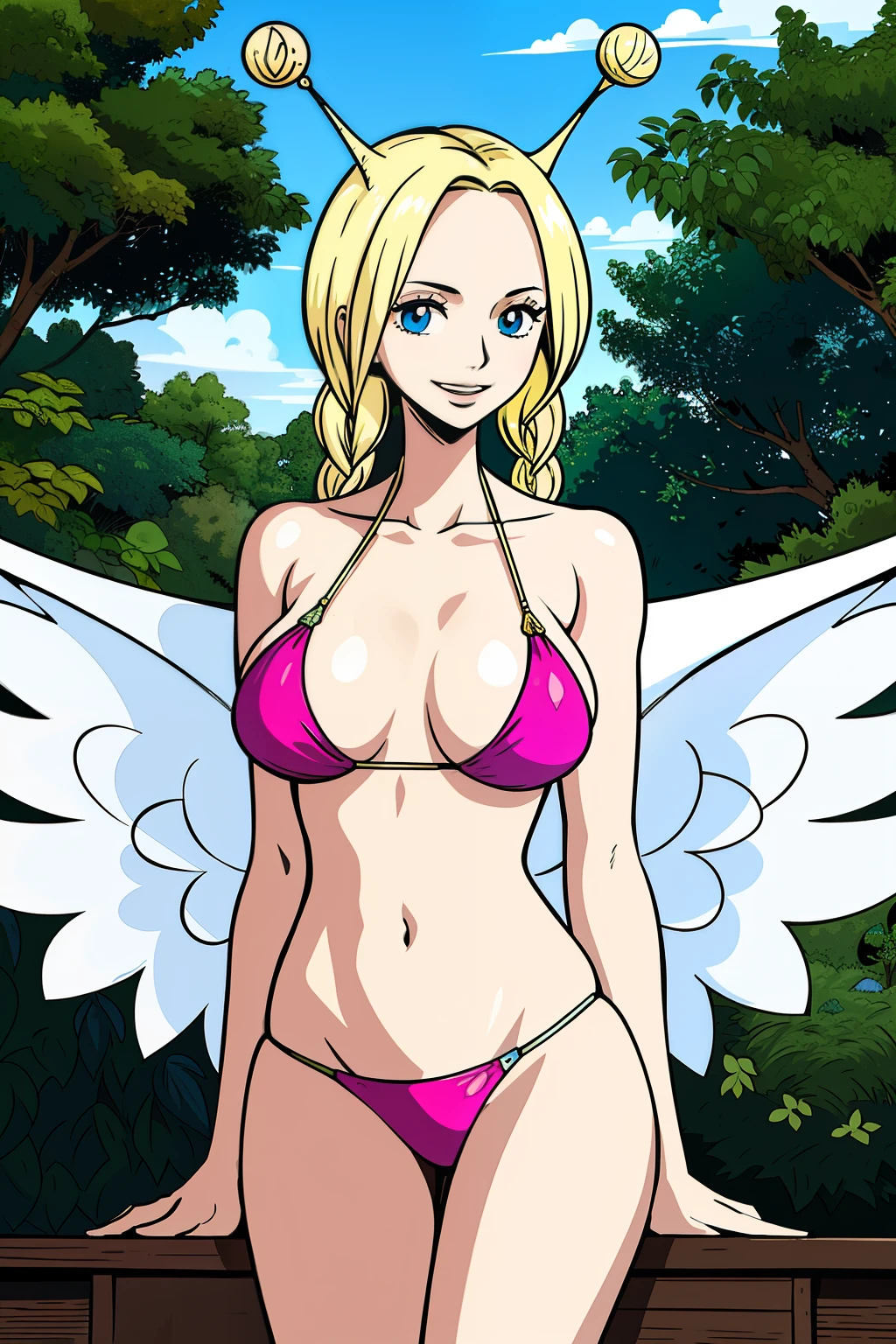 table, ((hyper detailed background, delicate pattern, intricate details)), (highly detailed, fine details), Best quality, beautiful lighting, ((big breasts, slender girl)), ((micro bikini)), 1 girl in , alone, blonde hair, wings, twin braids, smile, , blue eyes, well, intricately detailed background, blue sky, bushes, trees, (conis)) natural environment, (cowboy shot), ((blonde hair)) big breasts