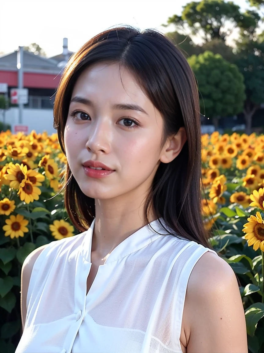 sunset time、flower garden、Beautiful realistic woman in her 20s with skin details, Nostalgic mood and beautiful skin、Emotional face with wet skin and fallen petals