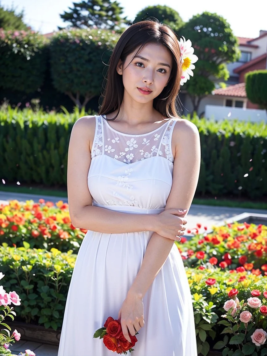 sunset time、flower garden、Beautiful realistic woman in her 20s with skin details, Nostalgic mood and beautiful skin、Emotional face with wet skin and fallen petals