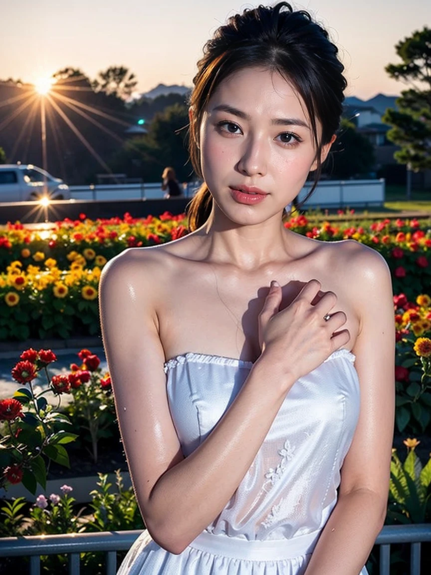 sunset time、flower garden、Beautiful realistic woman in her 20s with skin details, Nostalgic mood and beautiful skin、Emotional face with wet skin and fallen petals