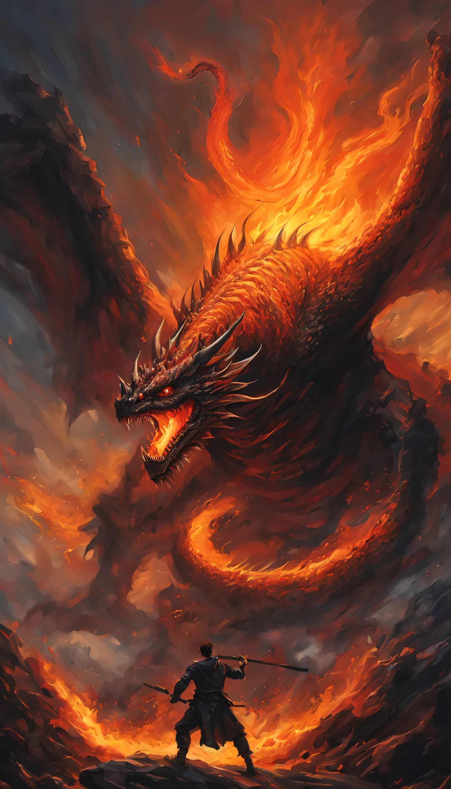 a hero fights a fire dragon,wet-on-wet oil painting depicting a epic fight that will determine the fate of the world,a hero and a kaiju demon fights each others, epic atmopshere, oil painting masterpiece , dynamic composition, heroic,a legend tale, a inspiring and hype image, strong feelings, badass, a giant dragon emerges from the darkness with his burning fire, thin darkness, tha last hope, a giant monster, dark fantasy, magical, curses, spell, fire glow, dark clouds, contrast, black sky