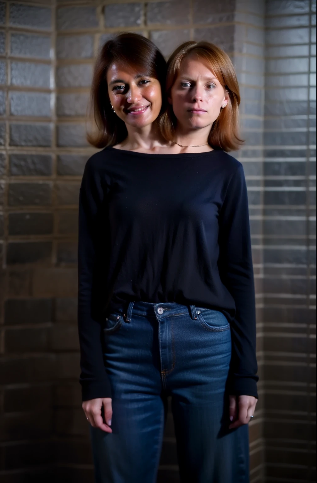 2heads, two headed, (50 year old mom and 20 year old son:1.5), (one torso:1.5), (right female:1.5), left head is male, right head is female, female body, (redhead:1.4), (teenager:1.4), (caucasian:1.5), (two heads on one body:1.4), conjoined twins, heads side by side, one torso, left young, right old
