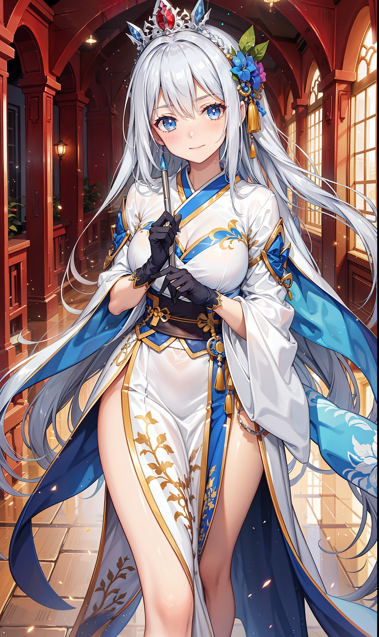 Virgin,Elegant and charming,Smile,in love,(Transparent colorful Hanfu,Sophisticated and gorgeous design),black gloves,silver hair,blue eyes,see through transparent clothes,Exquisite hair accessories,Transparent lace,Engraving pattern,dress nicely,The background is an old Chinese palace,Inside the hall,elegant posture,night,carved boots,Super super details,Divine magic,light particles,Exquisite and beautiful face and eyes