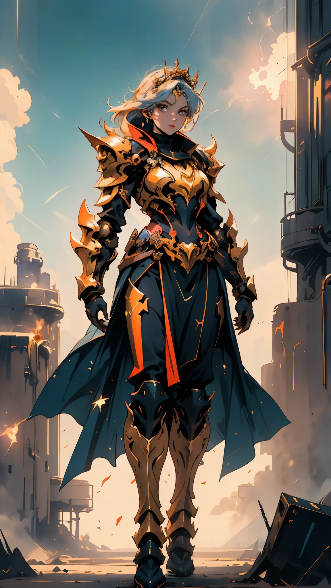 A woman adorned in fantasy-style full-body armor, a crown-concept fully enclosed helmet that unveils only her eyes, a composite layered chest plate, fully encompassing shoulder and hand guards, a lightweight waist armor, form-fitting shin guards, the overall design is heavy-duty yet flexible, ((the armor gleams with a golden glow, complemented by red and blue accents)), exhibiting a noble aura, she floats above a fantasy-surreal high-tech city, this character embodies a finely crafted fantasy-surreal style armored hero in anime style, exquisite and mature manga art style, (mixture of Queen bee and Spider concept Armor, plasma, blood), ((Element, energy, elegant, goddess, femminine:1.5)), metallic, high definition, best quality, highres, ultra-detailed, ultra-fine painting, extremely delicate, professional, anatomically correct, symmetrical face, extremely detailed eyes and face, high quality eyes, creativity, RAW photo, UHD, 32k, Natural light, cinematic lighting, masterpiece-anatomy-perfect, masterpiece:1.5