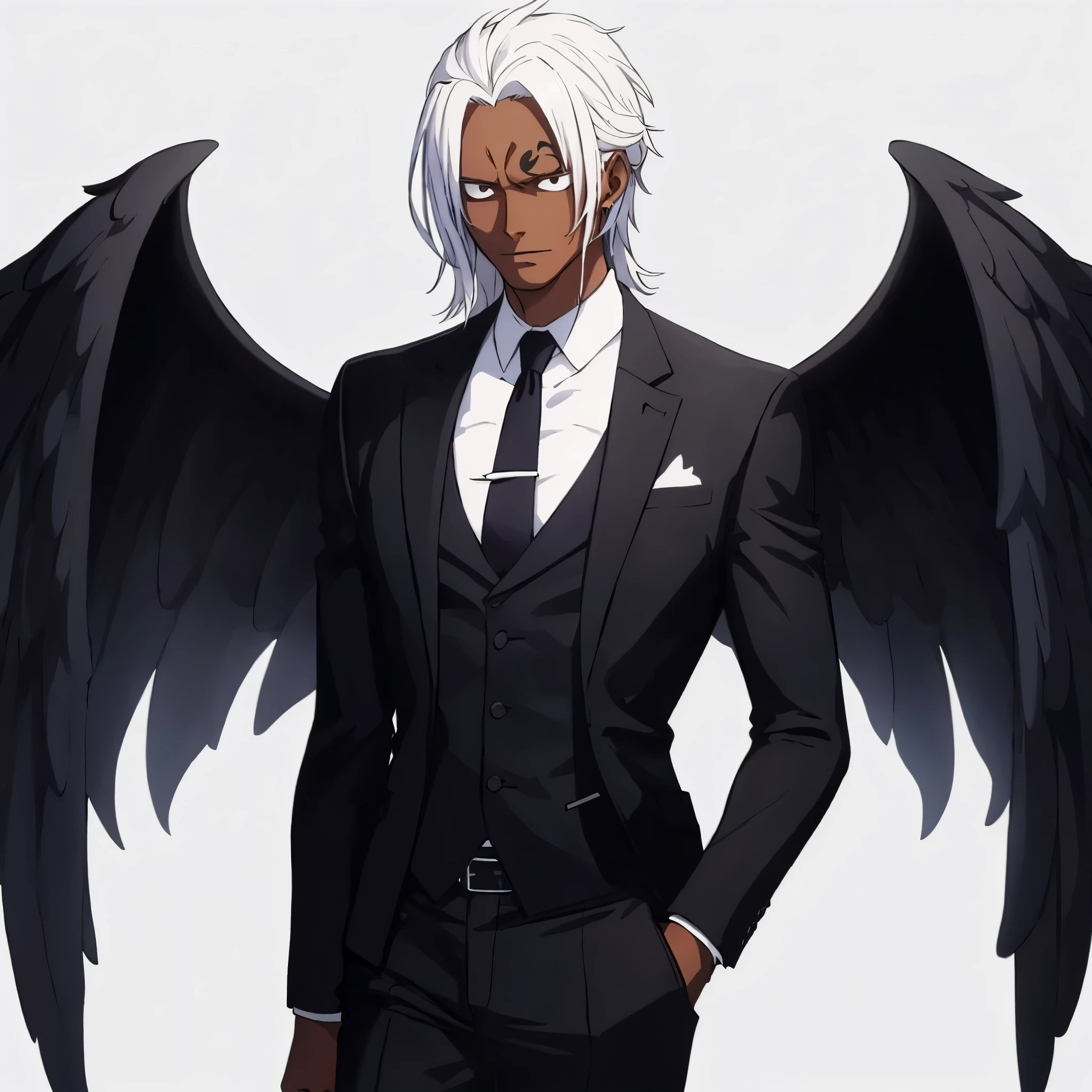 A tall, fit, dark-skinned man, wearing a suit, tattoo on his right arm, white hair, hair down to his shoulders, has a pair of large wings, black wings, flames.