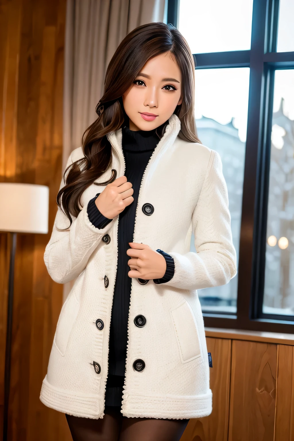 winter，snow scene，lace pantyhose，((duffel coat))、written boundary depth，real light，ray tracing，OC renderer，UE5 renderer，surreal，highest quality，8k，works of masters，super fine，correct anatomy、(highest quality, 4k, table top: 1.3), Beautiful woman、surreal, 1 girl,highly detailed face,fine eyes,double eyelid, (thick and beautiful lips),sexy face,women of arafe,25 years old、