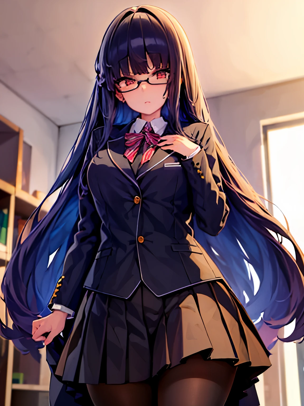 I&#39;m a high school girl，Her hair is long black and straight.。He looks tall。The chest is very huge and the style is quite good。She has a cute face and wears glasses and has a cool expression.。Clothes are school uniform and blazer，Skirt and tights are black。High school girl stands in the classroom。