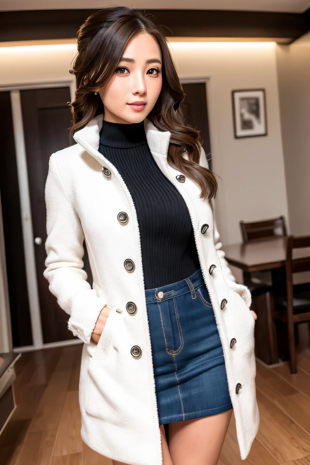winter,snow scene,lace pantyhose,((duffel coat))、written boundary depth,real light,ray tracing,OC renderer,UE5 renderer,surreal,highest quality,8k,works of masters,super fine,correct anatomy、(highest quality, 4k, table top: 1.3), Beautiful woman、surreal, 1 girl,highly detailed face,fine eyes,double eyelid, (thick and beautiful lips),sexy face,women of arafe,25 years old、