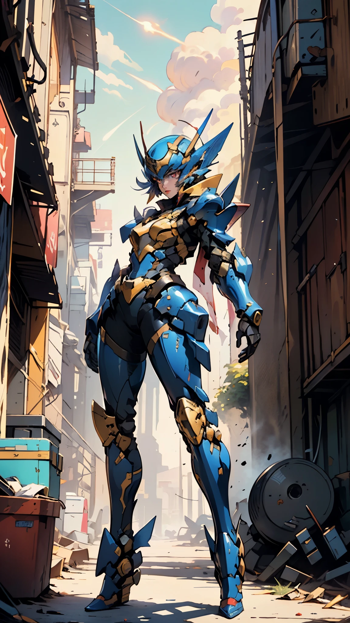A woman adorned in fantasy-style full-body armor, a crown-concept fully enclosed helmet that unveils only her eyes, a composite layered chest plate, fully encompassing shoulder and hand guards, a lightweight waist armor, form-fitting shin guards, the overall design is heavy-duty yet flexible, ((the armor gleams with a golden glow, complemented by red and blue accents)), exhibiting a noble aura, she floats above a fantasy-surreal high-tech city, this character embodies a finely crafted fantasy-surreal style armored hero in anime style, exquisite and mature manga art style, (mixture of Queen bee and Spider concept Armor, plasma, blood), ((Element, energy, elegant, goddess, femminine:1.5)), metallic, high definition, best quality, highres, ultra-detailed, ultra-fine painting, extremely delicate, professional, anatomically correct, symmetrical face, extremely detailed eyes and face, high quality eyes, creativity, RAW photo, UHD, 32k, Natural light, cinematic lighting, masterpiece-anatomy-perfect, masterpiece:1.5