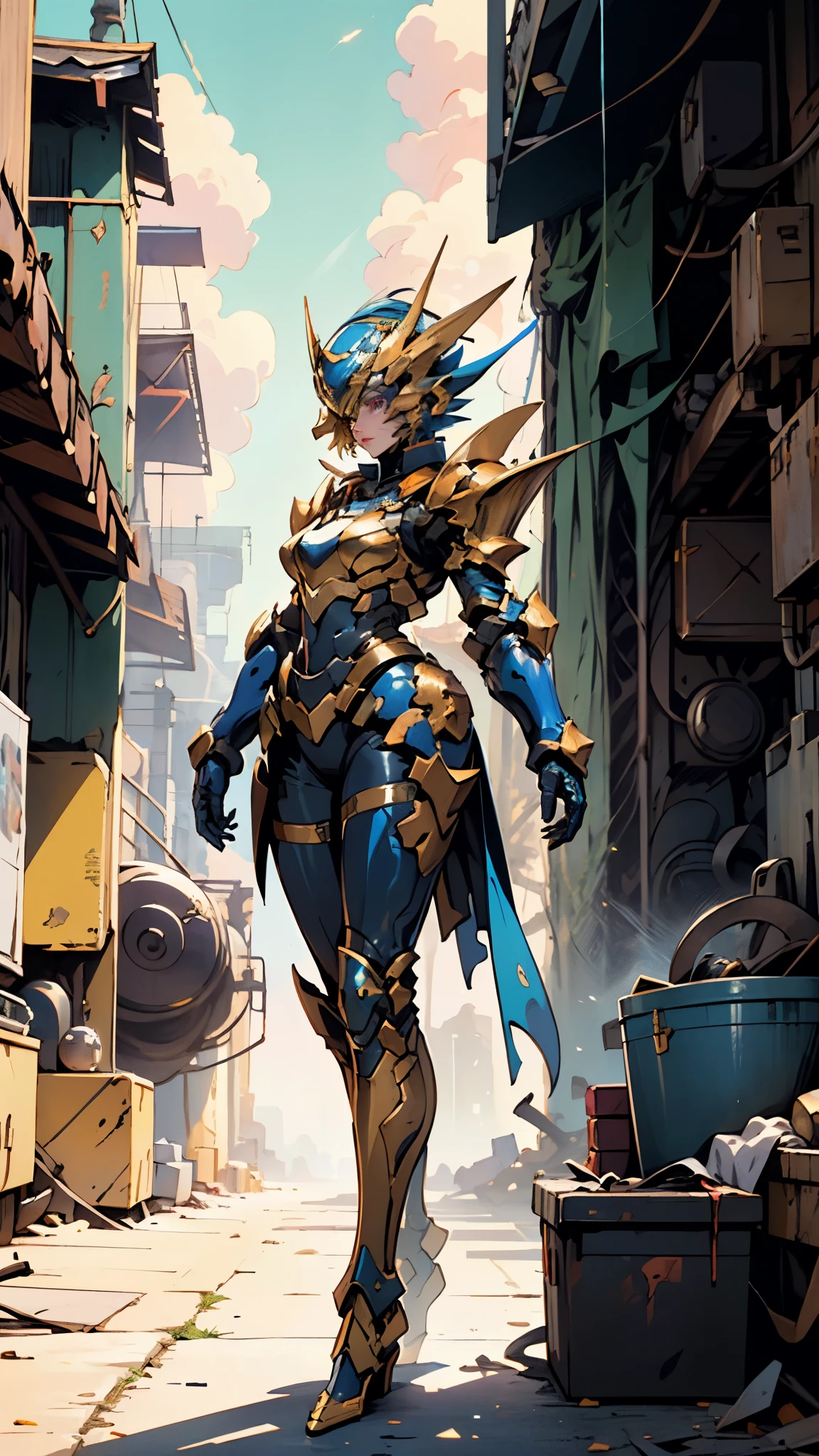 A woman adorned in fantasy-style full-body armor, a crown-concept fully enclosed helmet that unveils only her eyes, a composite layered chest plate, fully encompassing shoulder and hand guards, a lightweight waist armor, form-fitting shin guards, the overall design is heavy-duty yet flexible, ((the armor gleams with a golden glow, complemented by red and blue accents)), exhibiting a noble aura, she floats above a fantasy-surreal high-tech city, this character embodies a finely crafted fantasy-surreal style armored hero in anime style, exquisite and mature manga art style, (mixture of Queen bee and Spider concept Armor, plasma, blood), ((Element, energy, elegant, goddess, femminine:1.5)), metallic, high definition, best quality, highres, ultra-detailed, ultra-fine painting, extremely delicate, professional, anatomically correct, symmetrical face, extremely detailed eyes and face, high quality eyes, creativity, RAW photo, UHD, 32k, Natural light, cinematic lighting, masterpiece-anatomy-perfect, masterpiece:1.5