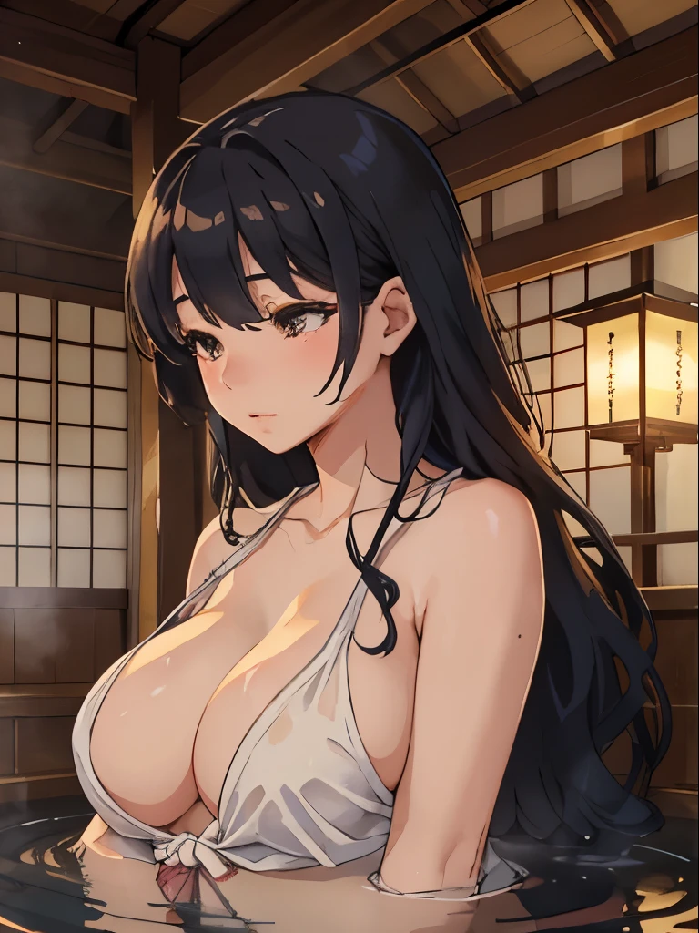 Best quality, cinematic composition, eye-catching shot, intricate details, delicate skin texture, Japanese architecture, atmospheric lighting, steamy hot spring (onsen), alluring and elegant woman with long hair, traditional sleeveless yukata, big breasts, deep cleavage, gentle curves, calm and loving expression.