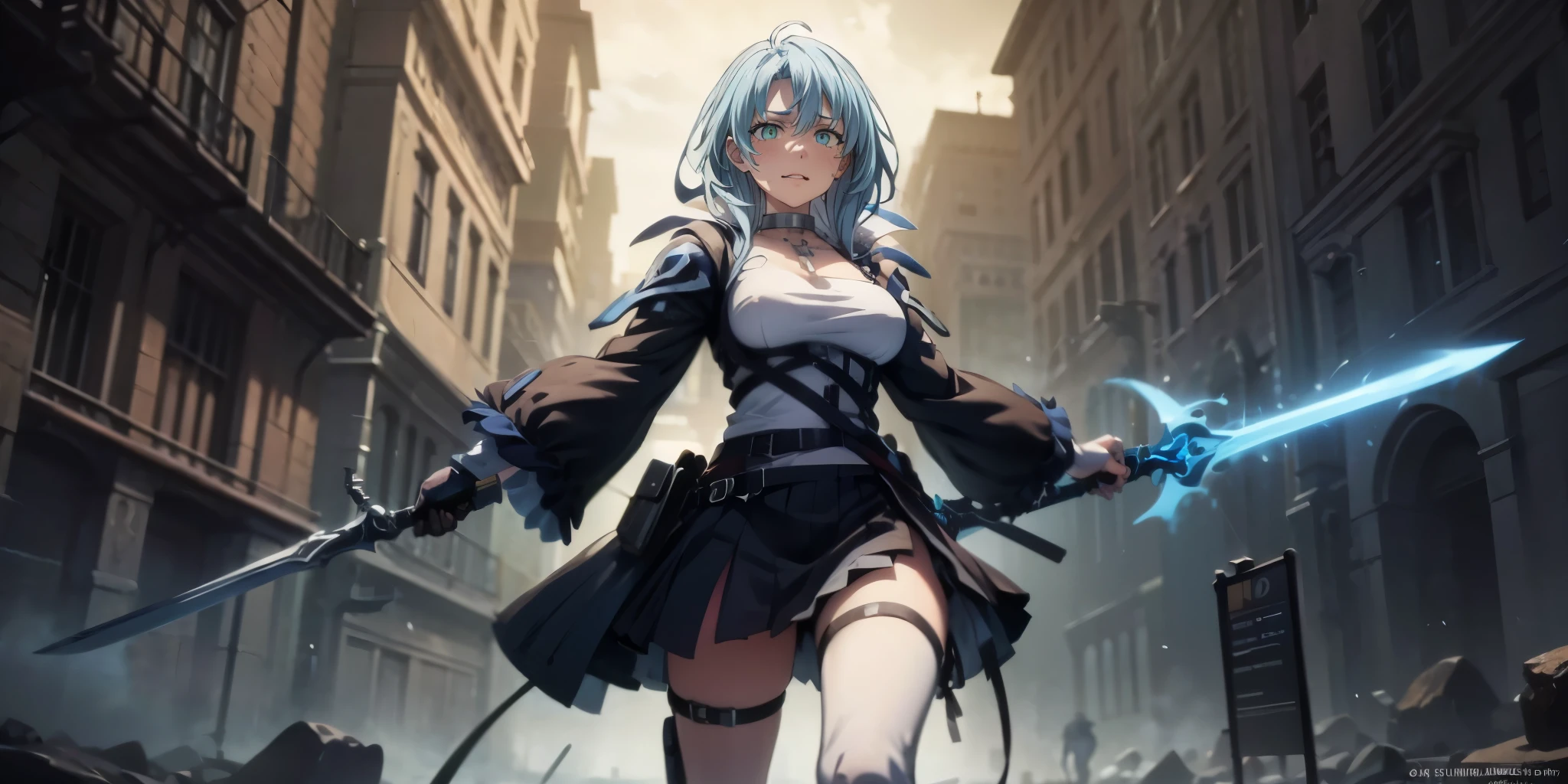 sentouinsnow, blue hair, long hair, blue eyes, hair flowing over, large breasts, 1girl, holding, sword, solo, blue_eyes, holding_weapon,  holding_sword, jewelry, skirt, standing, dual_wielding, closed_mouth, glowing, bangs, gloves, earrings, looking_at_viewer, long_sleeves, cowboy_shot, glowing_weapon, "glow effects, godrays, Hand drawn, render, 8k, octane render, cinema 4d, blender, dark, atmospheric 4k ultra detailed, cinematic, Sharp focus, big depth of field, Masterpiece, colors, 3d octane render, 4k, concept art, trending on artstation, hyperrealistic, Vivid colors, extremely detailed CG unity 8k wallpaper, trending on CGSociety, Intricate, High Detail, dramatic", anime coloring, anime screencap, sweating, steaming body, fog
