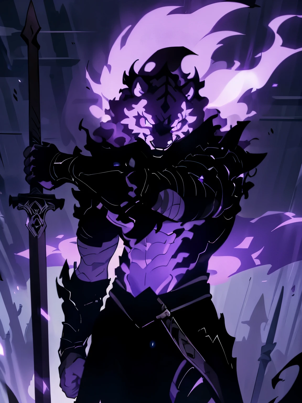 male, furry, Tiger anthro, solo, black fur, white eyes, (Realistic eye details 1.2), dark knightwear, undead shadow with purple flames and black body, a great sword, ((best quality, masterpiece)), Standing in Rubbles, Dark forest background, epic fantasy art style, epic fantasy digital art style, abs, dramatic lighting, soft lighting, day, highly detail,( Realistic face detail 1.2), detail face ((Solo leveling))