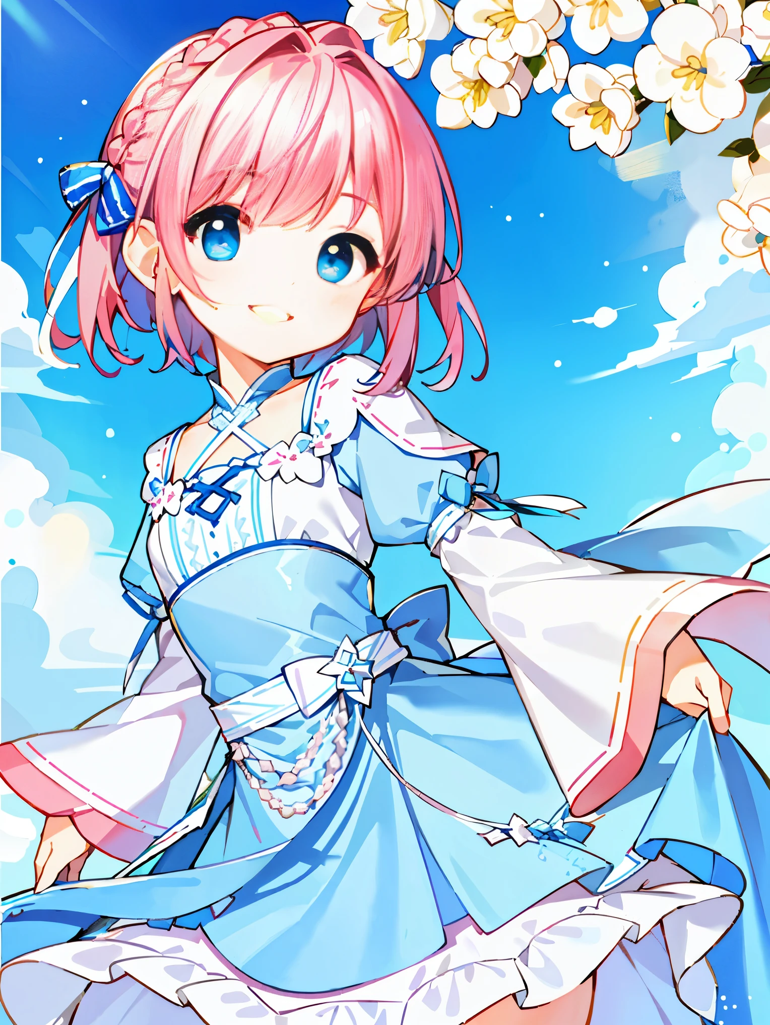 (highest quality、masterpiece:1.2) ((1 girl)) pink hair、light blue eyes、Braid、front、(grinning face) (blue dress) flat chest、narrow your eyes、short hair、((girl))
