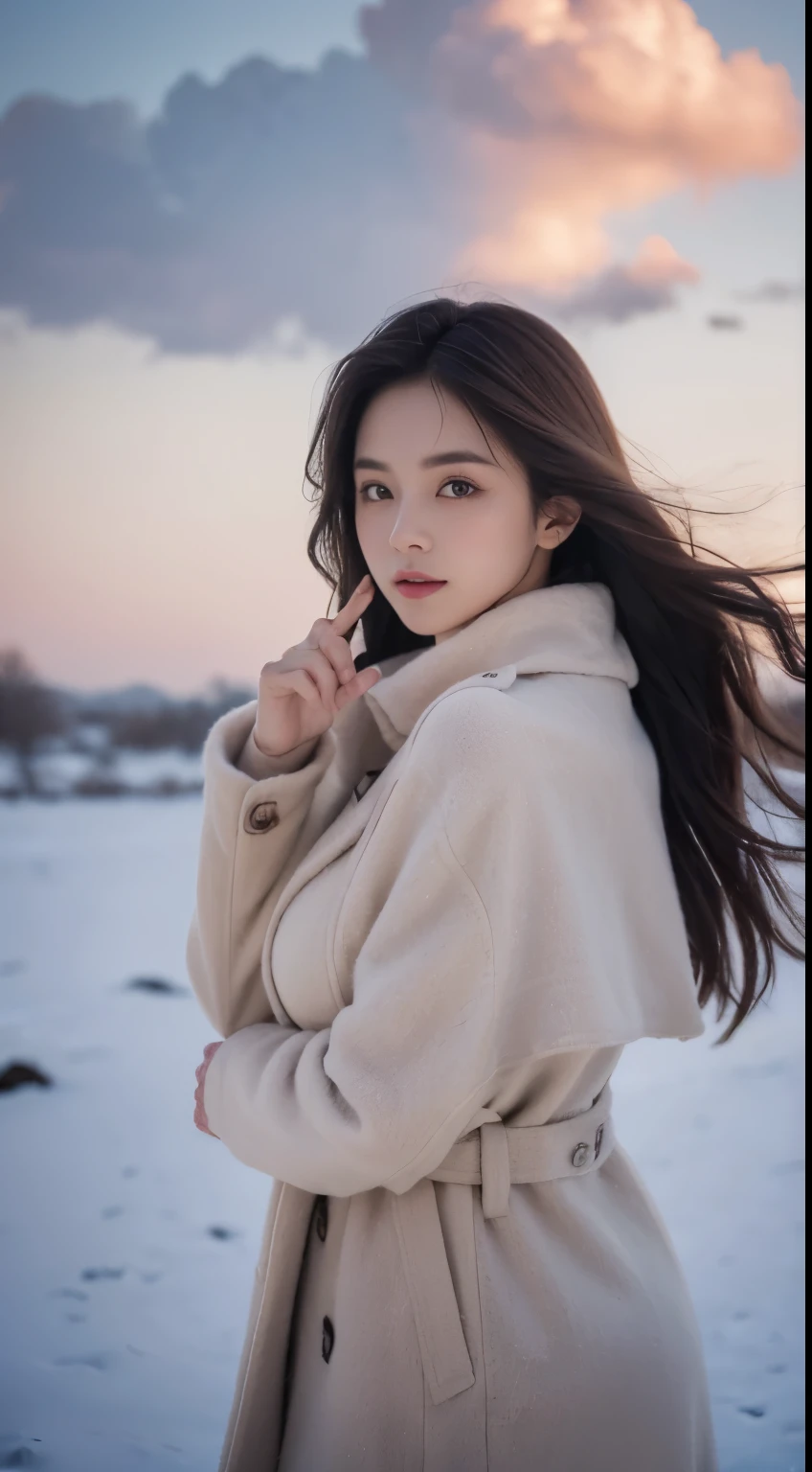 ((tmasterpiece, 32K,8K,the wallpaper, A high resolution, absurd res,RAW photogr,)),(realisticlying:1.5),(light),(detailed finger),(highdetailskin:1.retty eyes),1个Giant Breast Girl,Alone, Winters, yuki, fur collar trench coat, high-necksweater, mini-skirts, lacepantyhose,(Huge  grabbed),twilight，rosy clouds，the wind，Hair flying，