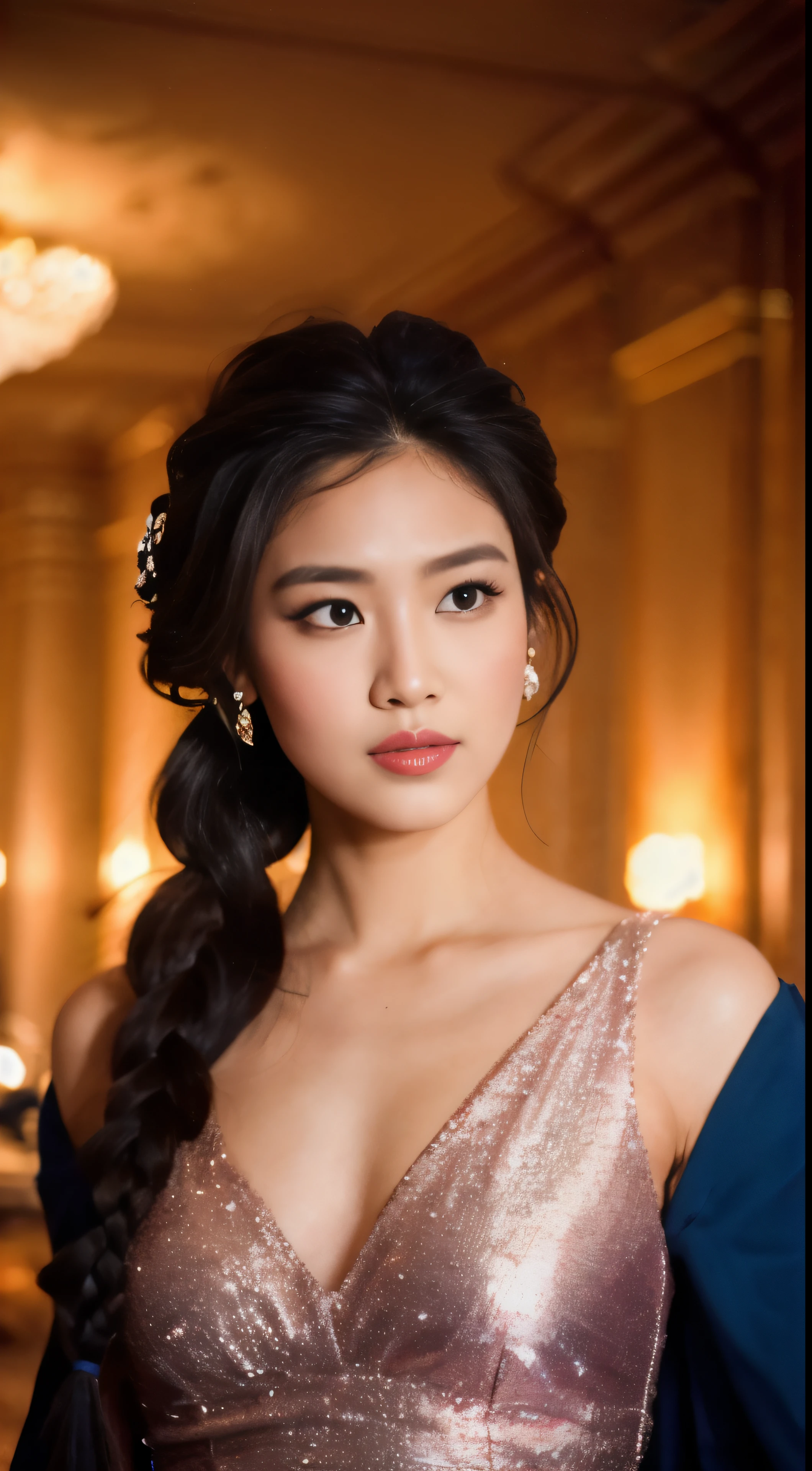 Woman, serious, warrior, armour, elegant, pink dress, aristocratic, silver elements, long nails, bare shoulders, hairstyle, hair up, braid and ponytail, messy, arrogant, absurd, detailed dress, royalty, celebration, hall decorated with flowers, cowboy shot, portrait, (best quality), (masterpiece), (highly detailed), (4k)