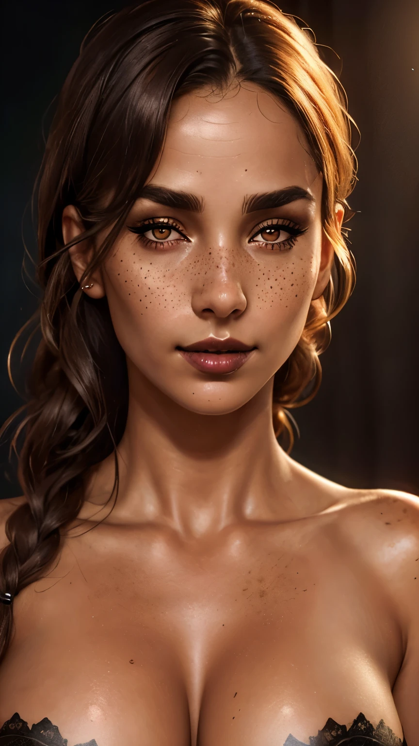 (best quality, hyperdetailed photography:1.2), beautiful lady, freckles,dark makeup, soft light, massive perfect breast,head and breast portrait, cover, snoopy breasts, tanned skin, detailed skin texture,(detailed beautiful face, detail skin texture, ultra-detailed body:1.1) sexy vampire girl,