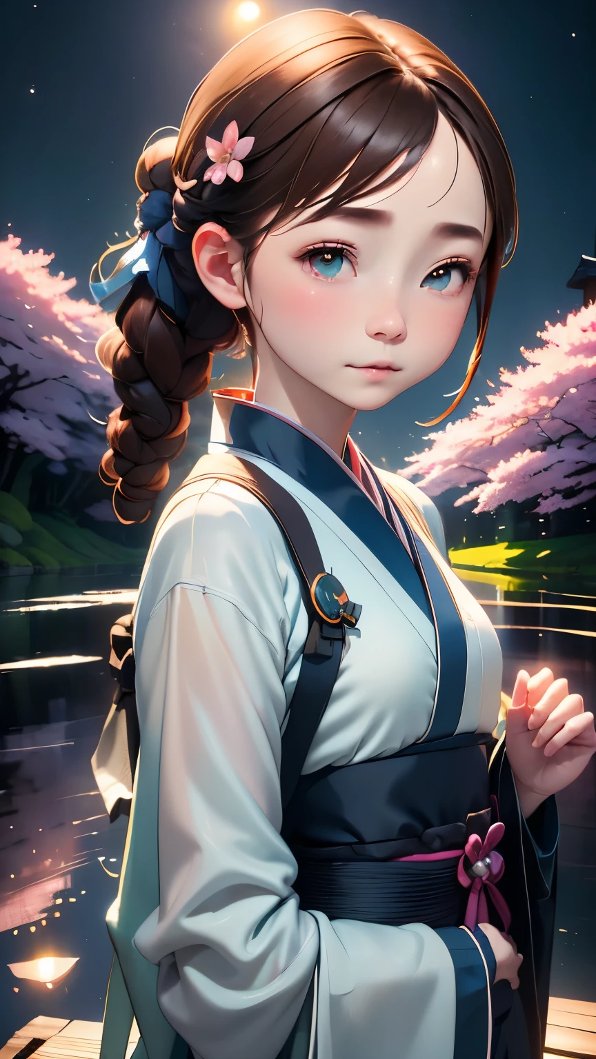 (((at night、moon明かり、palemoonが背景:1.3、pale、moon、at night)))、one girl、１６talent、anatomy、small face、small、small鼻、Pale pink eyes、Loosely braided low ponytail、brown hair、small breasts、beautiful kimono、yamato nadeshiko、random pose、Yoshino cherry tree、beautiful cherry blossoms、highest quality、High resolution、High resolution、cinematic lighting、professional photographer