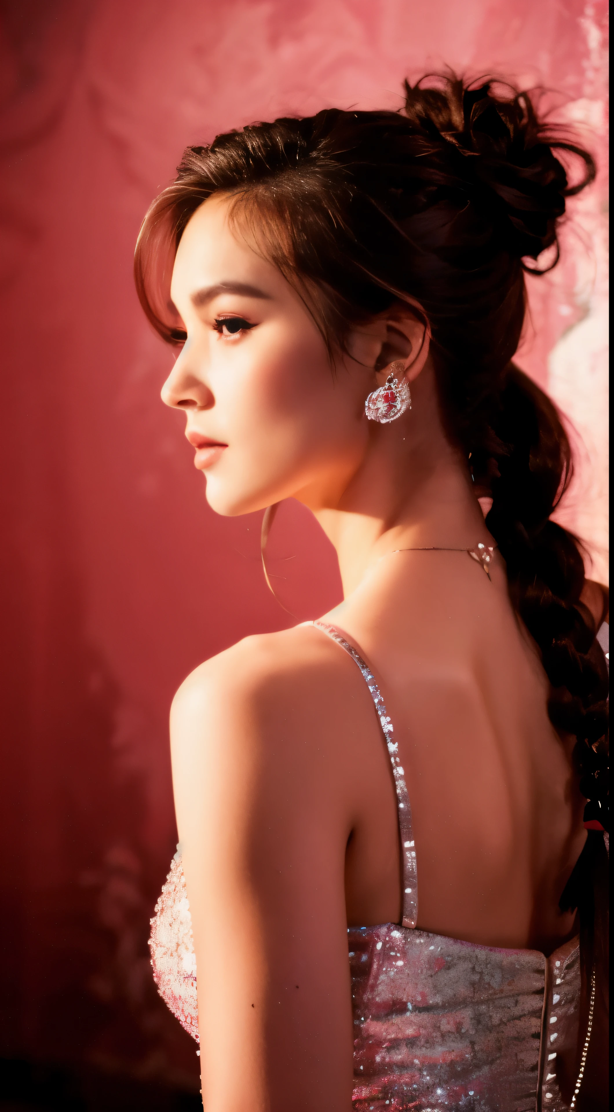 Woman, serious, warrior, armour, elegant, pink dress, aristocratic, silver elements, long nails, bare shoulders, hairstyle, hair up, braid and ponytail, messy, arrogant, absurd, detailed dress, royalty, celebration, hall decorated with flowers, cowboy shot, portrait, (best quality), (masterpiece), (highly detailed), (4k)