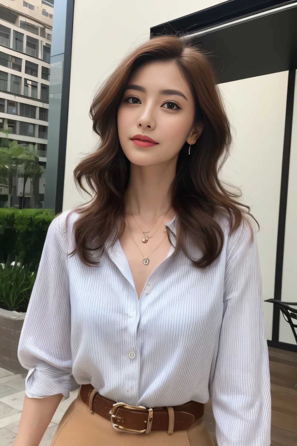 (highest quality, High resolution, masterpiece :1.3), tall and beautiful woman, thin abs, loose wavy dark brown hair, chest, wearing a pendant, white button up shirt, belt, black skirt, (modern architecture in the background), Accurately express details such as faces and skin textures, fine eyes, double eyelid
