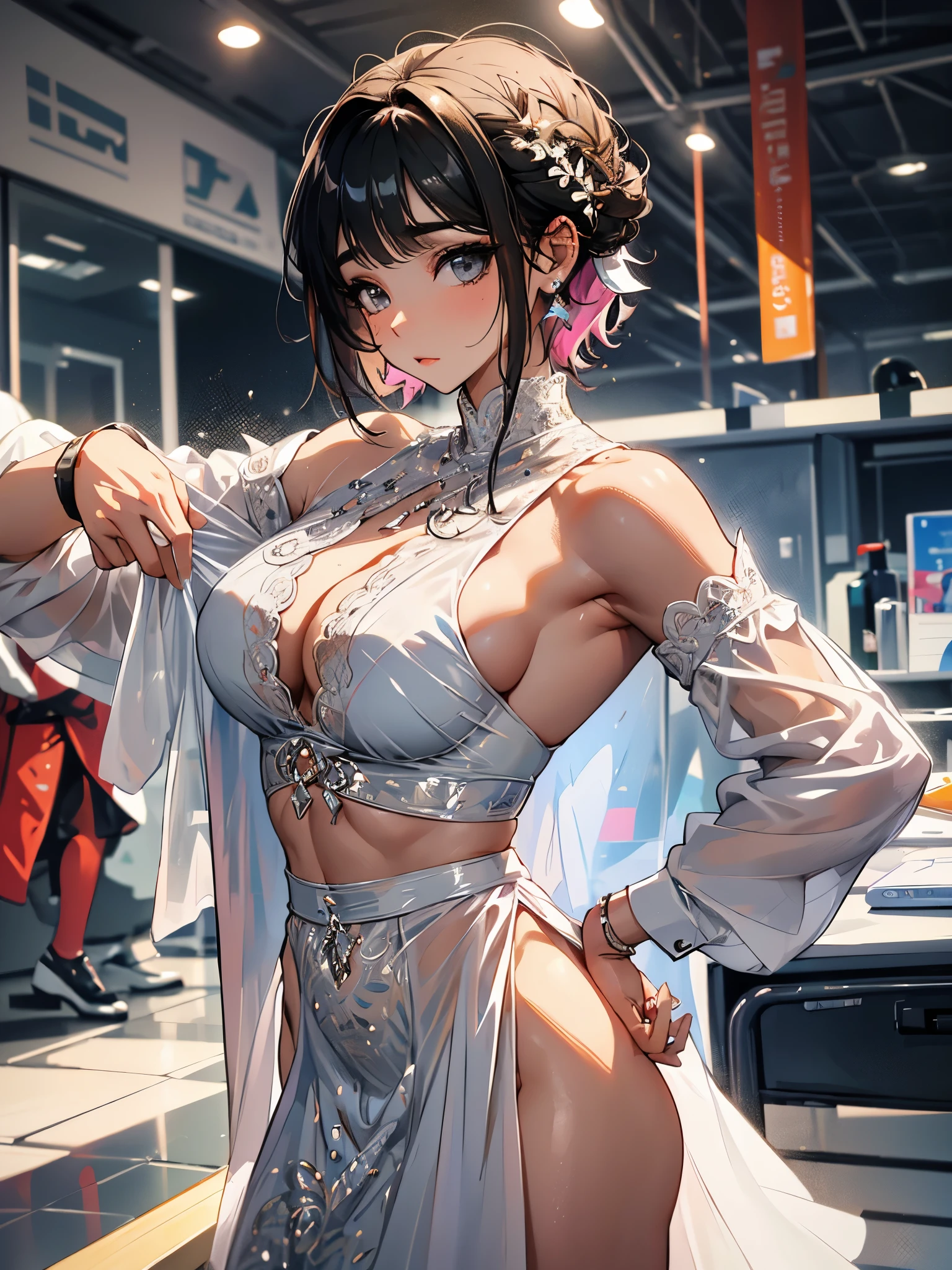 Sentado na cadeira com vestido preto, Modelo de moda feminina coreana, saia cinza transparente, camisa de malha, prata brilhante, Lucky I look, Seios medios, melhor qualidade, obra de arte, super high resolution, Realista, decote, (((ela esta levantando o vestido, usando salto alto))), big ass, thick muscle body