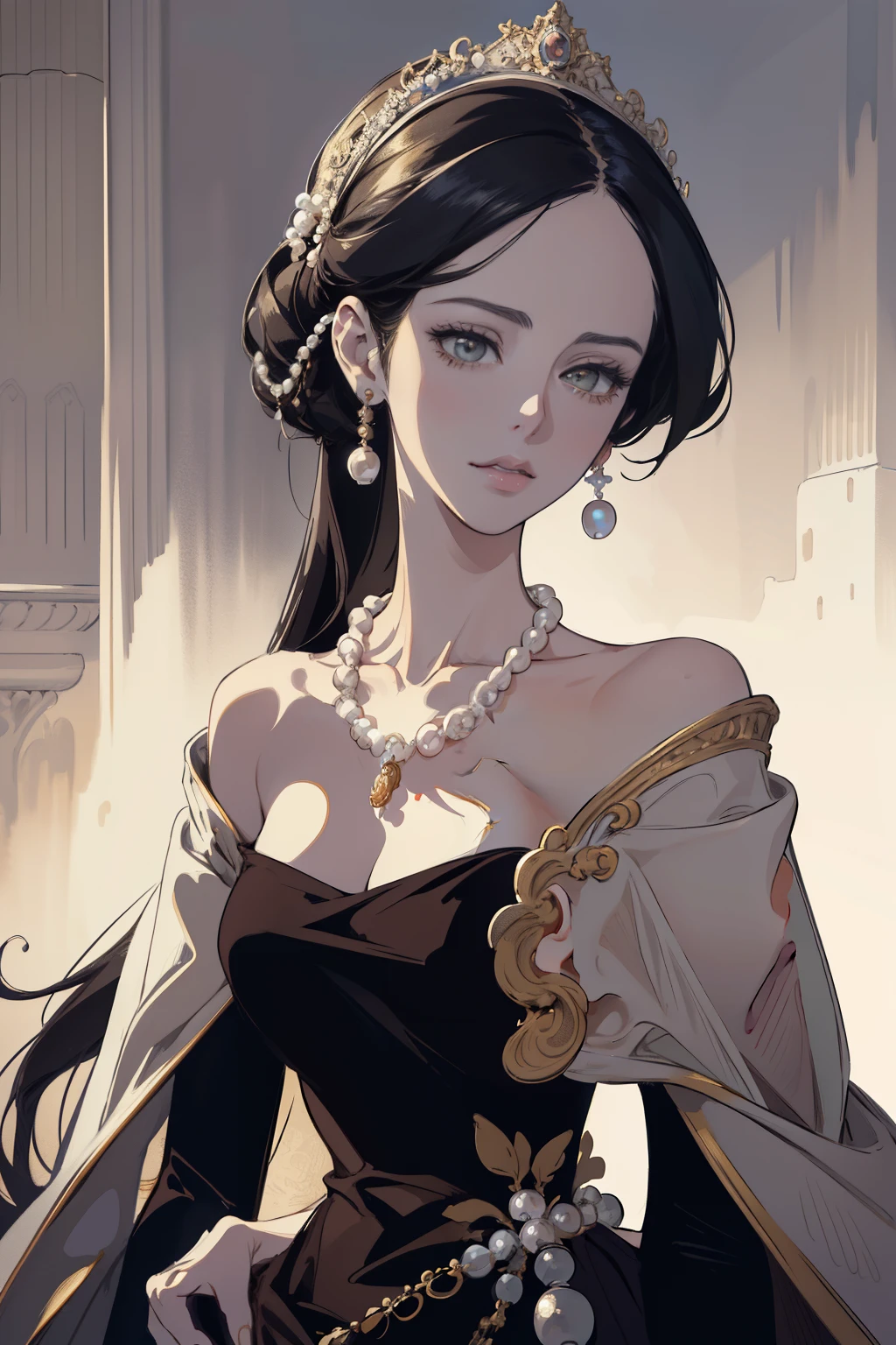 a drawing of a woman with a necklace and pearls on her neck, in the art style of bowater, digital art of an elegant, portrait anime kaya scodelario, madonna genderbend elegant, in style of digital illustration, baroque digital painting, highly detailed exquisite fanart, inspired by Kim Deuk-sin, detailed character portrait, portrait jisoo blackpink