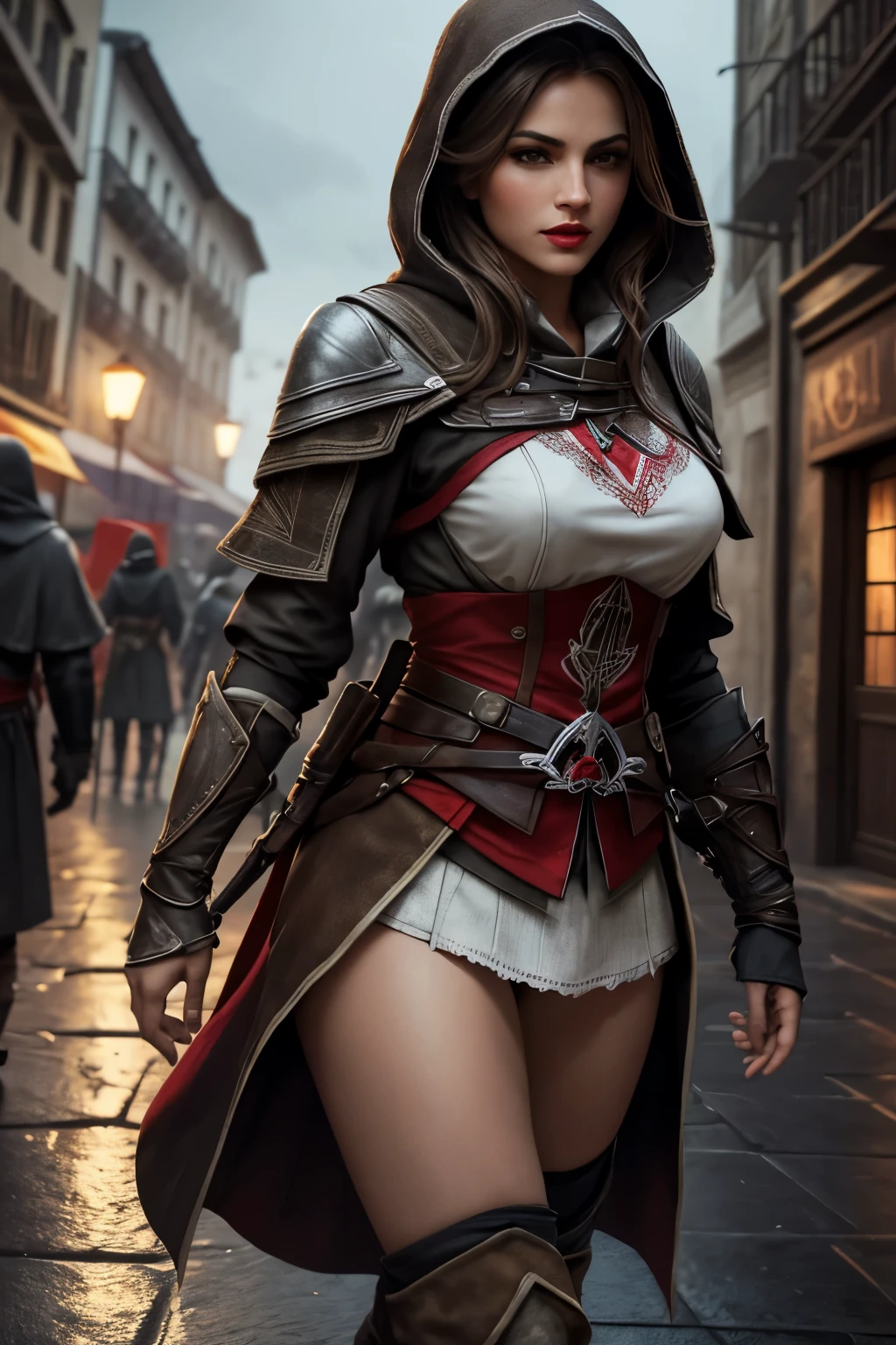 La mujer, Стиль Assassin's Creed, ropa corta, poca ropa, botas hasta la rodilla, Pulseras en las piernas, Ciudad medieval al fondo, Renacimiento, muy detallado, Realistic long-term photography.., 4k, ancho, Pelo marron, brown hair, labios rojos, red lips, Ojos marrones, brown eyes, Pechos, breasts, pechos grandes, big breasts, capucha, hood, night, noche, night city, fireworks, fuegos artificales,