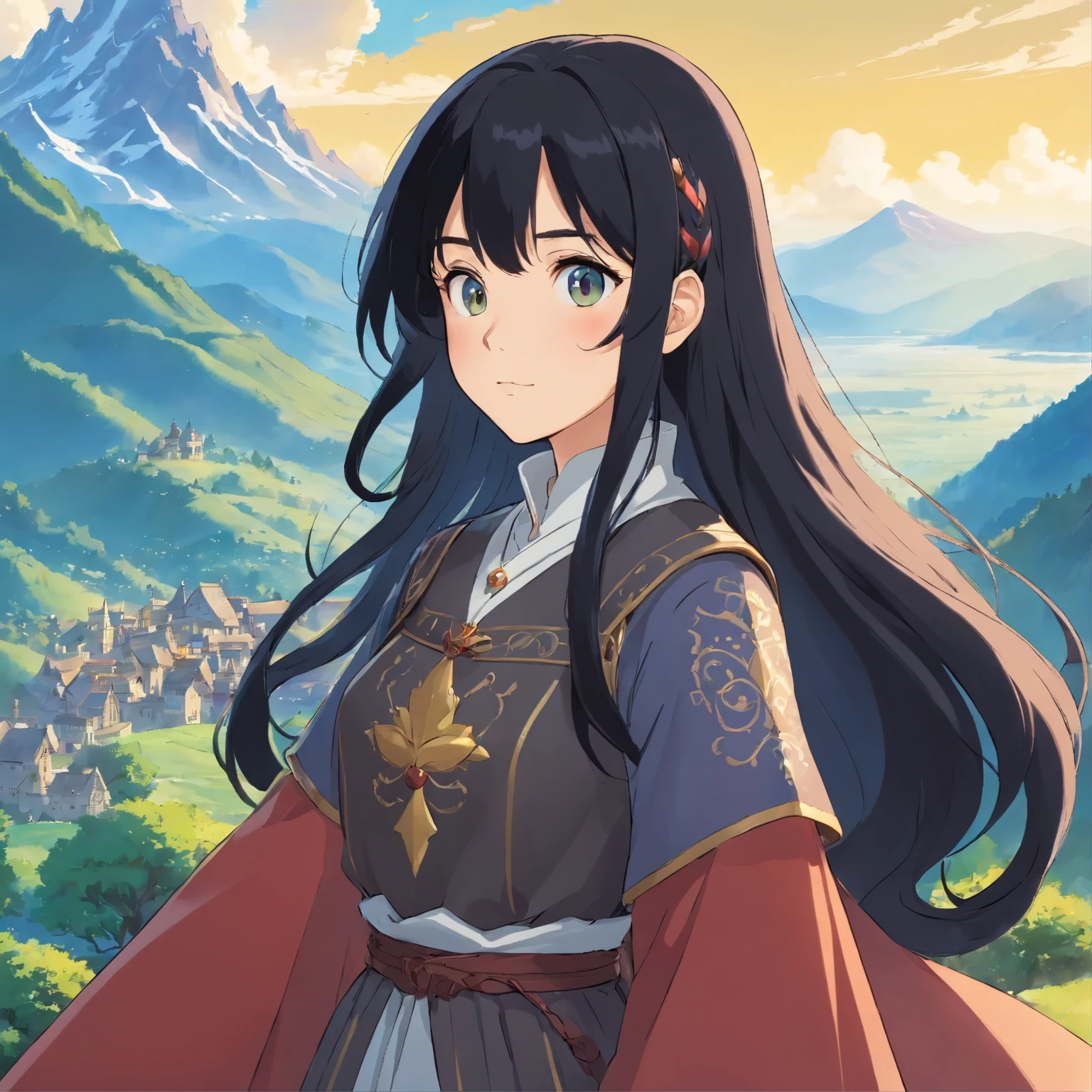 long black haired woman wearing medieval clothing with beautiful mountains in the background during the day