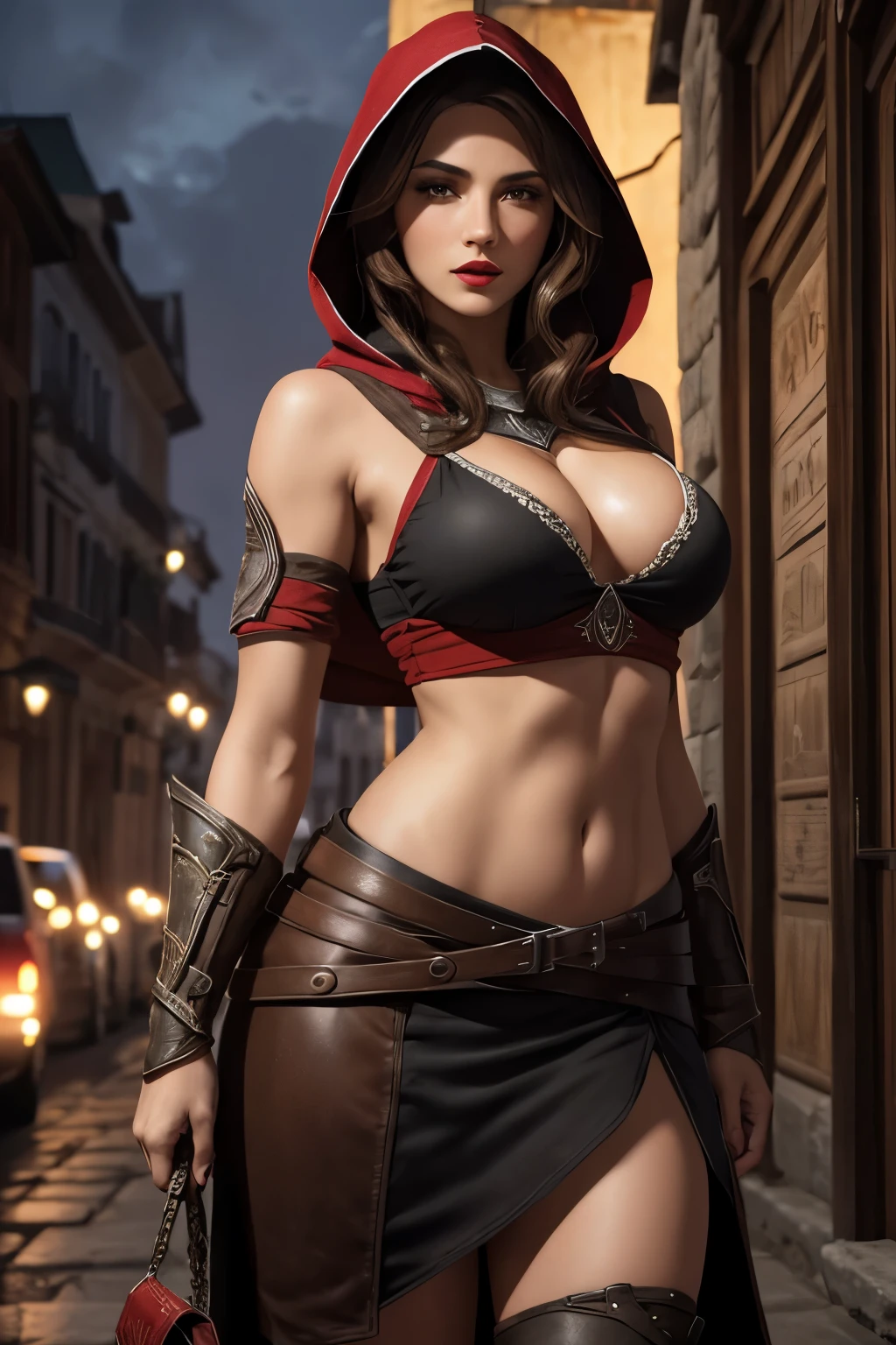 La mujer, Стиль Assassin's Creed, ropa corta, poca ropa, botas hasta la rodilla, Pulseras en las piernas, Ciudad medieval al fondo, Renacimiento, muy detallado, Realistic long-term photography.., 4k, ancho, Pelo marron, brown hair, labios rojos, red lips, Ojos marrones, brown eyes, Pechos, breasts, pechos grandes, big breasts, capucha, hood, night, noche, night city, fireworks, fuegos artificales,