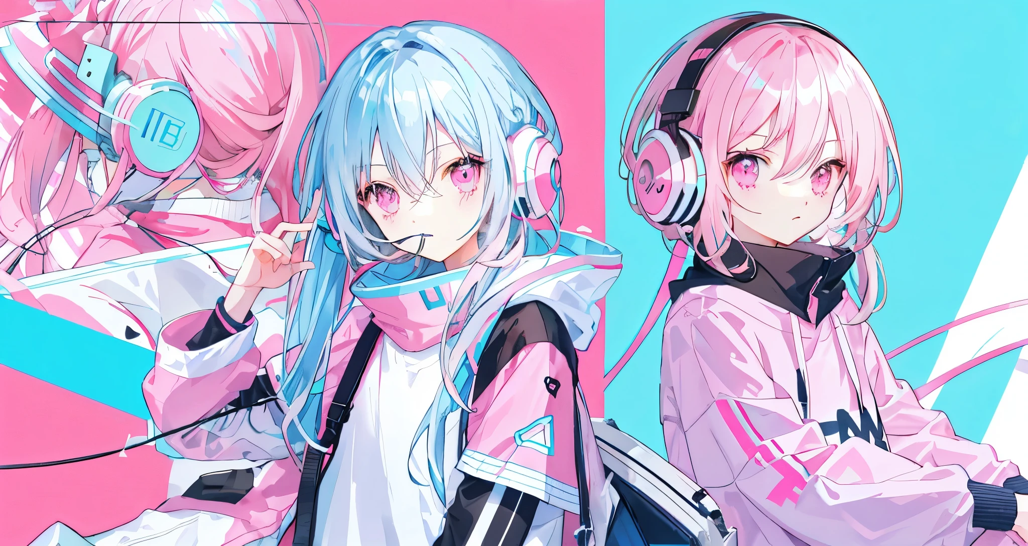 light blue long hair，Pink and white sweatshirt，pink eyes，black headphones，Lollipop in mouth