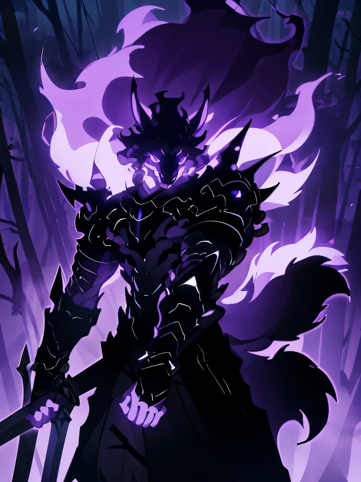 male, furry, Coyote anthro, solo, black fur, white eyes, (Realistic eye details 1.2), dark knightwear, undead shadow with purple flames and black body, a great sword, ((best quality, masterpiece)), Standing in Rubbles, Dark forest background, epic fantasy art style, epic fantasy digital art style, abs, dramatic lighting, soft lighting, day, highly detail,( Realistic face detail 1.2), detail face ((Solo leveling))