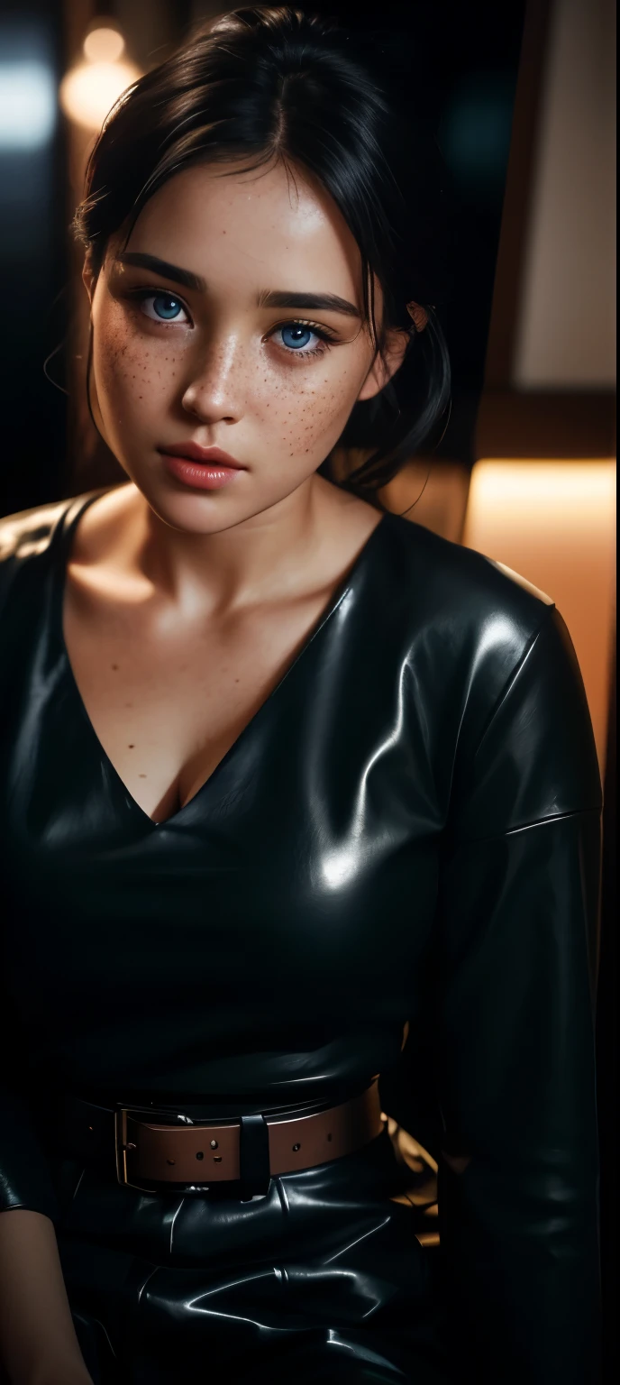 beautiful woman, with freckles on her face, brown eyes, long straight black hair, wearing a white t-shirt without print, wearing leather belt, front view (sitting inside a modern restaurant at night), Isabelle Adjani, very detailed, 30 years, natural wave hair, blue eyes, high-res, masterpiece, best quality, intricate details, highly detailed, sharp focus, detailed skin,  realistic skin texture, texture, detailed eyes, professional, 4k, Canon shooting, 85mm, shallow depth of field, kodak vision color, perfect fit body, extremely detailed, photo_\(ultra\), photorealistic, realistic, post-processing, maximum detail, roughness, real life, ultra realistic, photorealism, photography, 8k uhd, photography (grain of film) medium shot for closeup shot atmospheric dark lighting