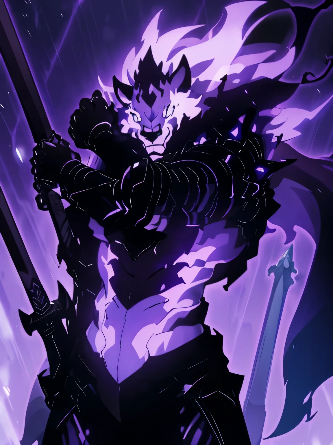 male, furry, Snow leopardanthro, solo, black fur, white eyes, (Realistic eye details 1.2), dark knightwear, undead shadow with purple flames and black body, a great sword, ((best quality, masterpiece)), Standing in Rubbles, Dark forest background, epic fantasy art style, epic fantasy digital art style, abs, dramatic lighting, soft lighting, day, highly detail,( Realistic face detail 1.2), detail face ((Solo leveling))