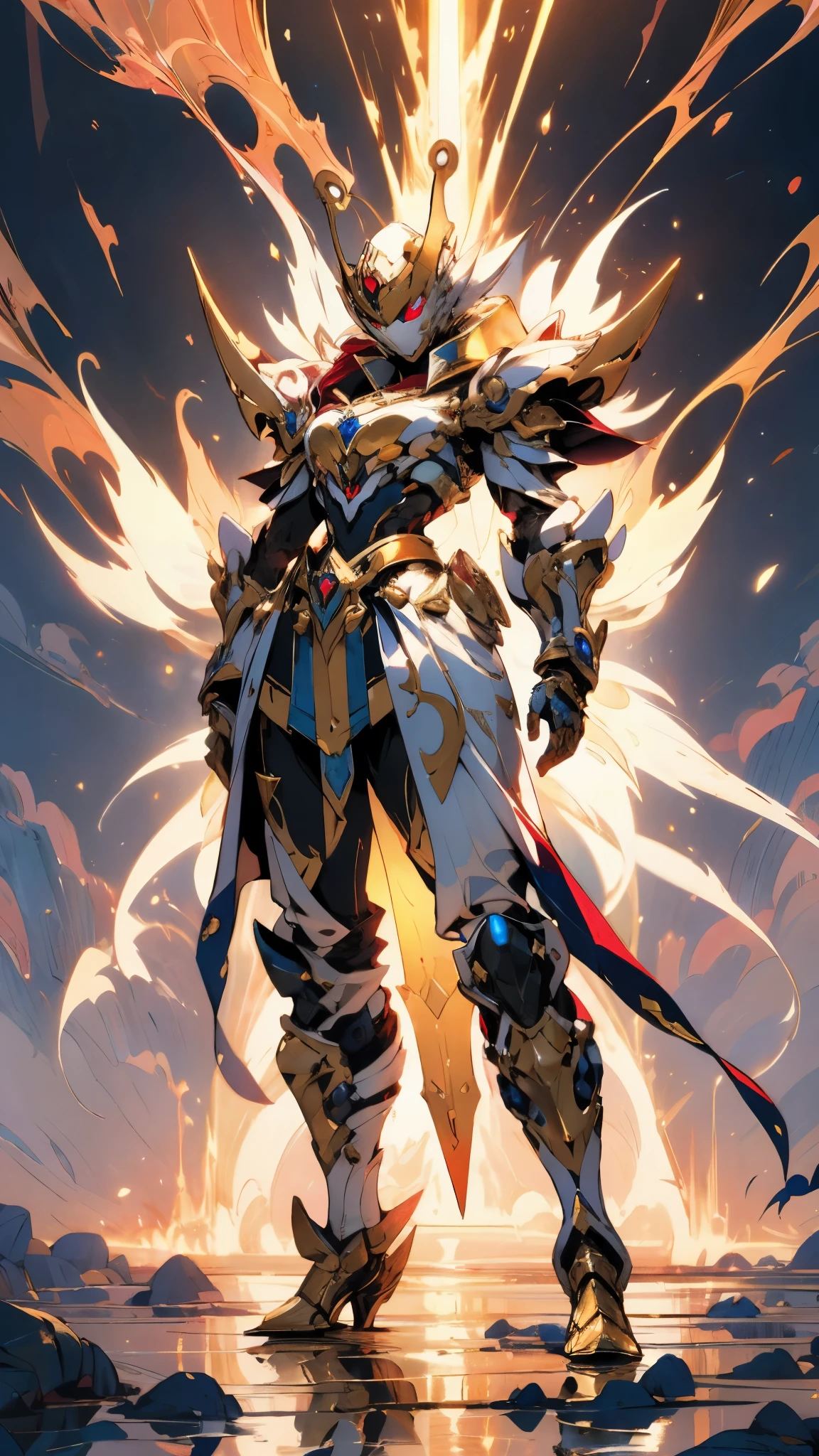 A woman adorned in fantasy-style full-body armor, a crown-concept fully enclosed helmet that unveils only her eyes, a composite layered chest plate, fully encompassing shoulder and hand guards, a lightweight waist armor, form-fitting shin guards, the overall design is heavy-duty yet flexible, ((the armor gleams with a golden glow, complemented by red and blue accents)), exhibiting a noble aura, she floats above a fantasy-surreal high-tech city, this character embodies a finely crafted fantasy-surreal style armored hero in anime style, exquisite and mature manga art style, (mixture of Queen bee and Spider concept Armor, plasma, blood), ((Element, energy, elegant, goddess, femminine:1.5)), metallic, high definition, best quality, highres, ultra-detailed, ultra-fine painting, extremely delicate, professional, anatomically correct, symmetrical face, extremely detailed eyes and face, high quality eyes, creativity, RAW photo, UHD, 32k, Natural light, cinematic lighting, masterpiece-anatomy-perfect, masterpiece:1.5