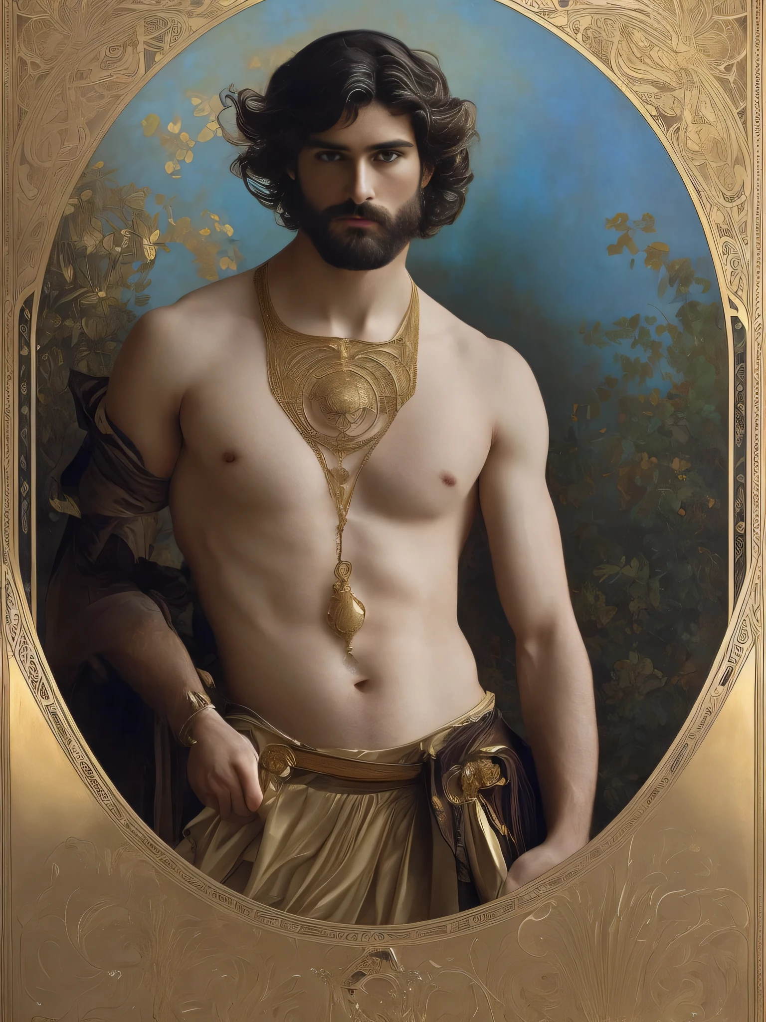 high quality, super realistic, Envision a hyper-realistic composition that seamlessly integrates the exquisite detail of John Singer Sargent with the dreamlike elegance of Alphonse Mucha, creating a insanely handsome man’s portrait where realism and Art Nouveau mystique converge, An extremely seductive masculine and handsome man is depicted against a backdrop of golden swirling patterns inspired by Mucha's iconic golden ornamental designs, The man is adorned in flowing garments that echo Mucha's romantic style, with intricate patterns intertwining seamlessly with the hyper-realistic details of his attire, by yukisakura, highly detailed,