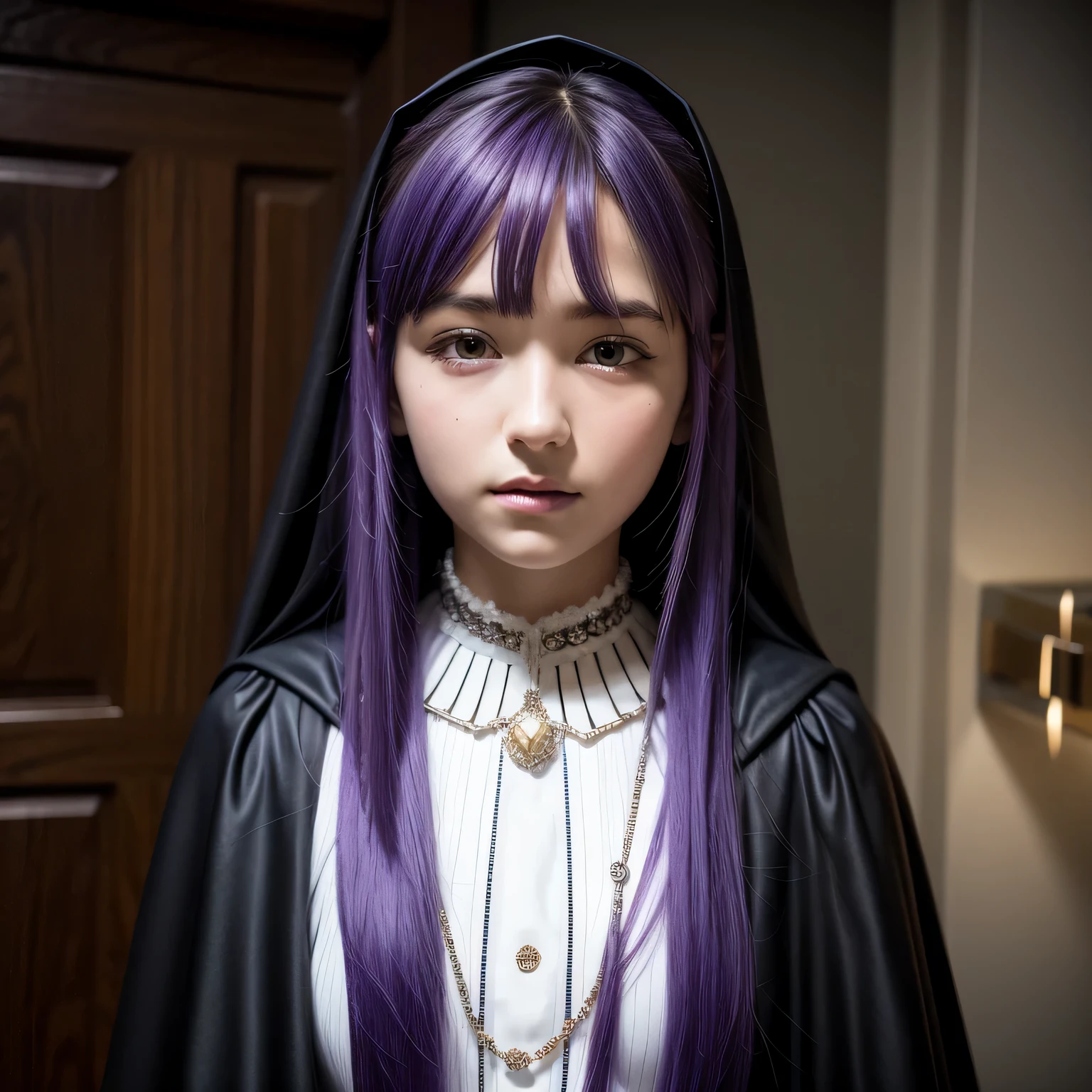 a girl with purple hair, white dress and black cape, 17 year old, european, photorealistic