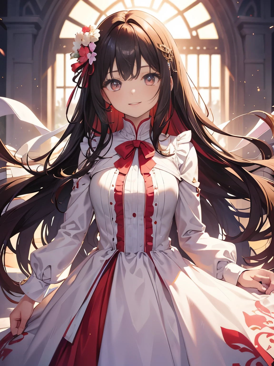 (1girl), solo, cute, very youth,  body, (smiling), long brown straight hair, big pink shiny eyes, white and red long gorgeous flower dress, long sleeves, fluffy dress, cinematic lighting, dramatic angle, upper body, detailed face, sunlight, masterpiece, best quality, best illustration
