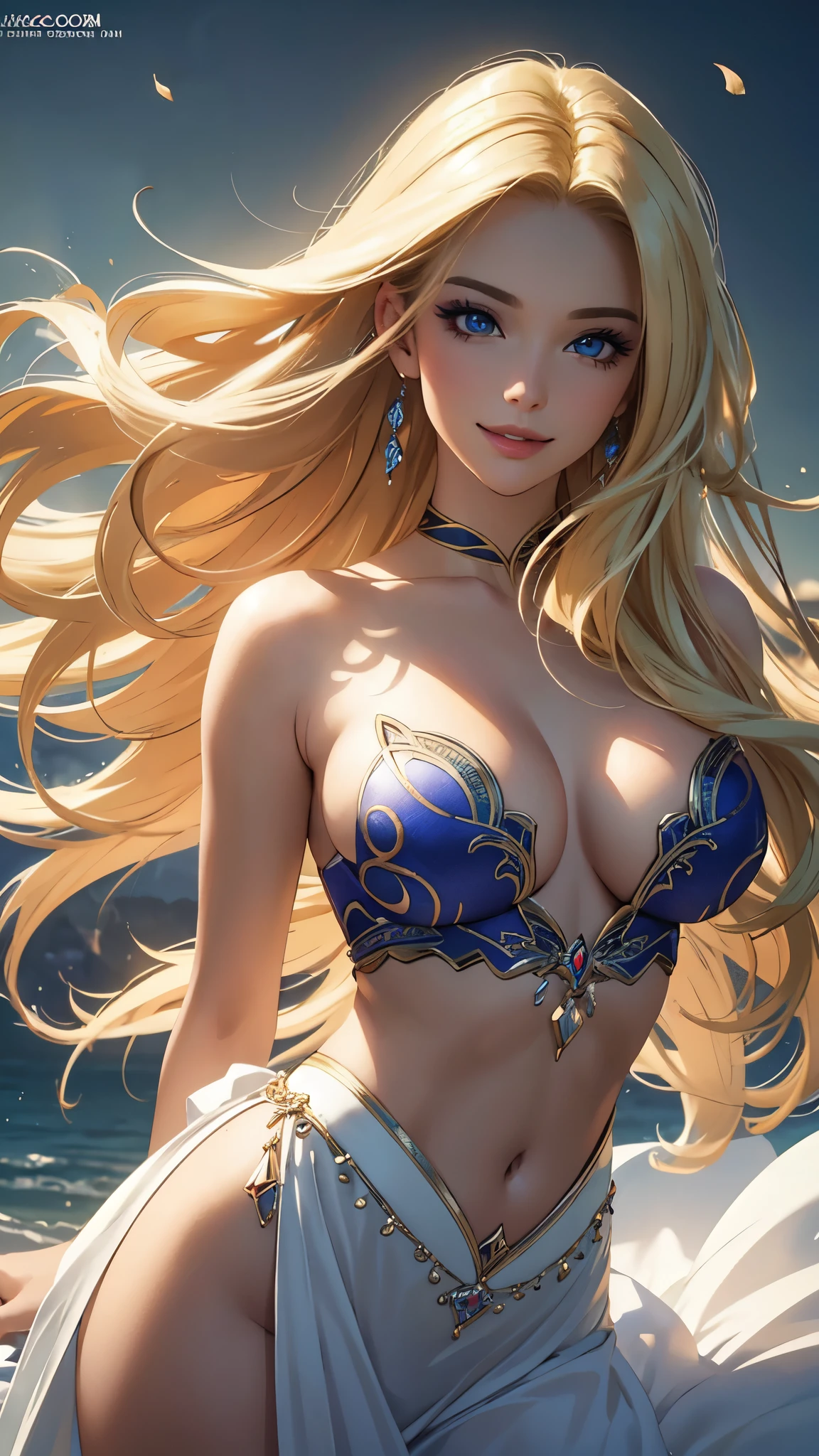 (best quality,ultra-detailed,photo-realistic:1.37),bright and vibrant colors,studio lighting,playful expression,stylish makeup,long blonde hair flowing in the wind,alluring eyes,glossy lips,sexy pose, Romantic Era, Black, smiling in a confident and seductive way,posing for a professional photoshoot,shallow depth of field,highlighting the main subject,soft natural lighting,creating a dreamy and magical atmosphere.
