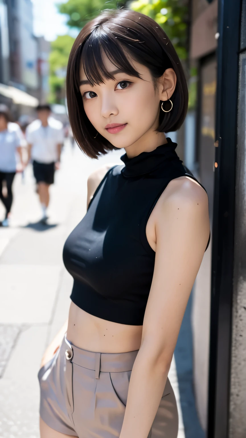 (Surrealism, RAW photo, Incredibly absurd, Nikon, 8k, super detail, masterpiece, intricate details), 
(anatomically correct, perfect human body, beautiful and cute face, silky skin), 
(16 years old, Japanese girl, idle face, Haruka Fukuhara, slim waist and busty body, Slender legs, large breast, baby face), 
((round face, black hair, short bob cut, bangs, Down-slating eyebrows, Moist eyes, Shining eyes, one little earring, light blush)), 
(street snap, random pose, emphasize the legs), 
(look down at the viewer, look at camera, close eyes and smile), 
((black stockings, shorts, oversized knit)), 
(Tokyo, Aoyama, Main street, luxury background, very crowded road), 
Natural lighting, full length, whole body, angle from below