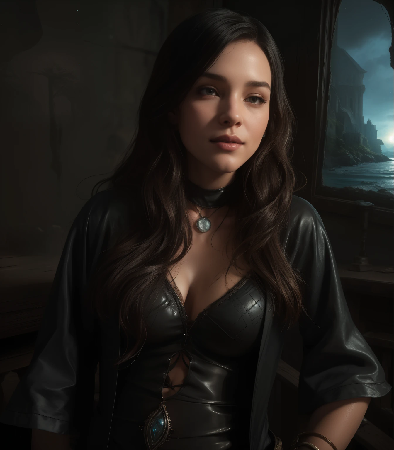 Numerous award-winning masterpieces, with incredible detail, textures and maximum detail, (Witch in Black), (Female Wizard in Black), Gentle eyes, (She has a mischievous smile on her face), Friendly and girlish face, Glass earrings on the ears, ((((Full-length portrait)))), ((((full-body standing image)))), ((((gives full-body standing image)))), (Around her neck is a simple necklace of exquisite workmanship, ((looks up)), ((looking down)), Alchemist's room, Alchemist's workshop, Alchemist's laboratory, Ruins of an old castle, Ruins of an ancient castle, Deserted ruins, crumbling ruins, Ruins with clear puddles, Ruins with clear ponds, Ruins with clear calm water, Old ruins with clear water, twilight, sunset, dusk, wavelets, ripple on water, running water