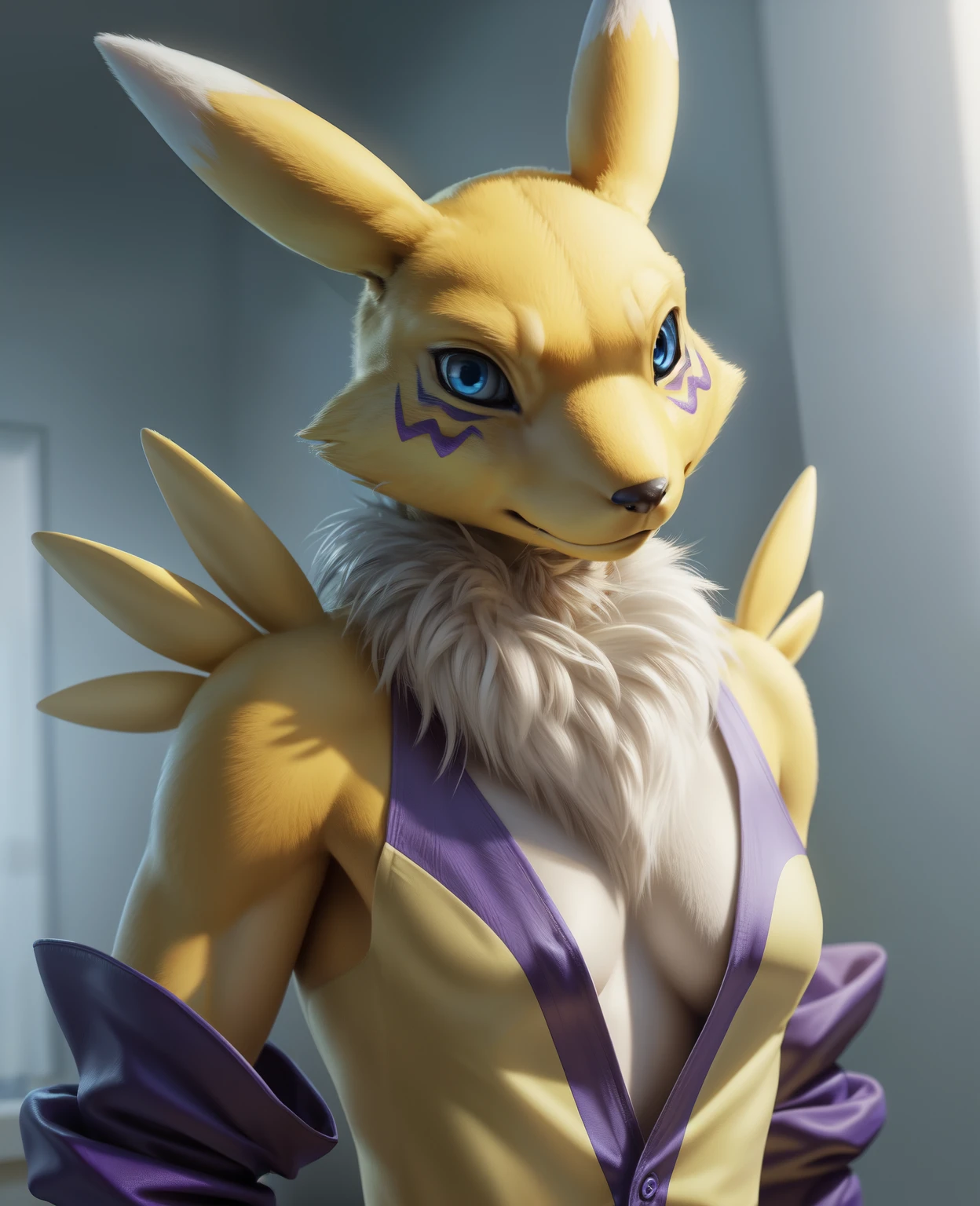 real e621, photorealistic, masterpiece, renamon_(digimon), looking at viewer, sharp blue eyes, full body portrait, purple sleeves, penis, cumming
