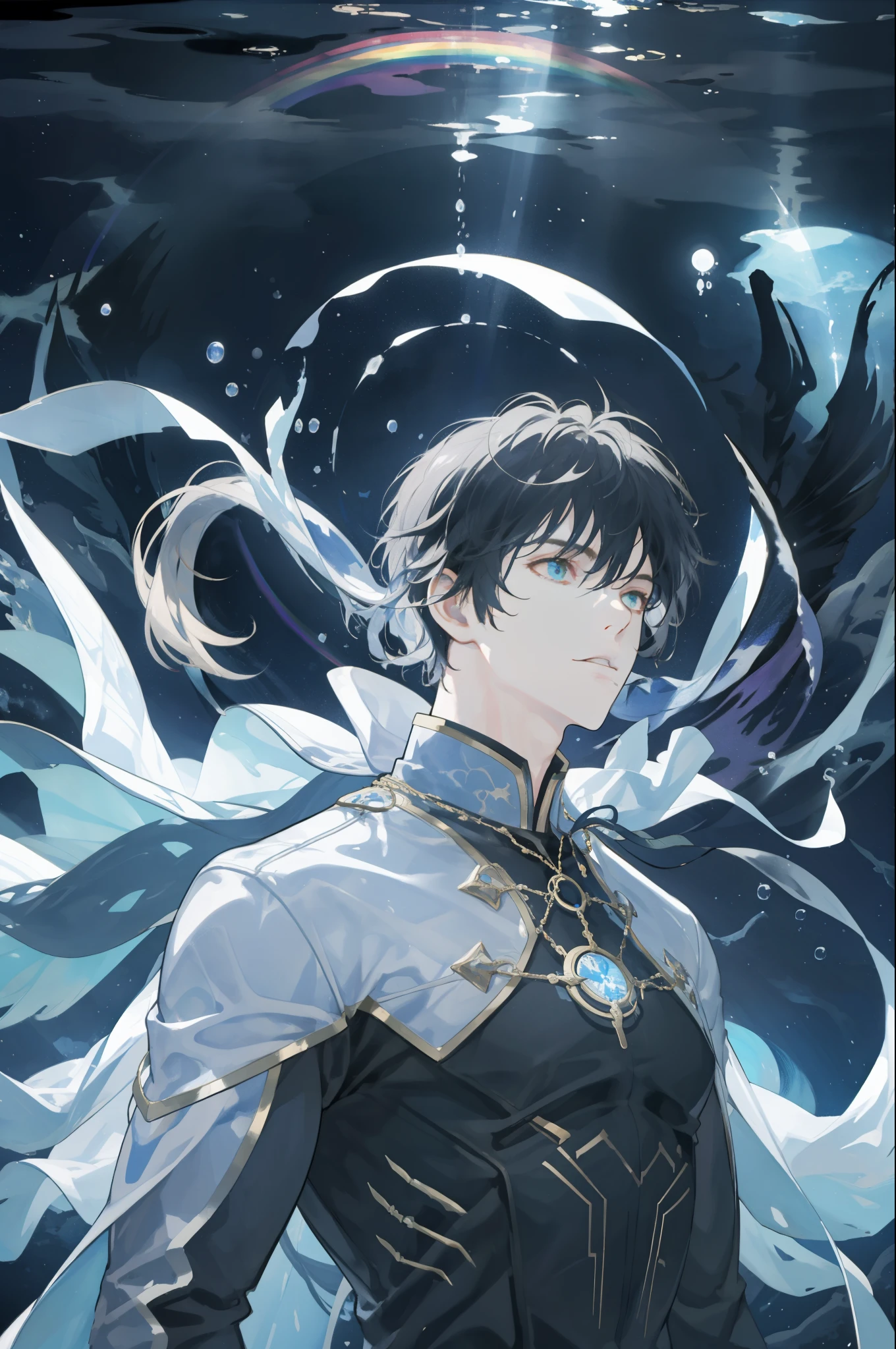 masterpiece, best quality, 1 male, adult, mature, tall muscular guy, Dark theme, Magic circle, bubble, rainbow Sunlight, Underwater, Reflected mirror, floating piece of Glass, Rainbow light, Bubble Swirling, wind Swirling, Aurora, fantasy scenery, Starlight around the character, (upper body)