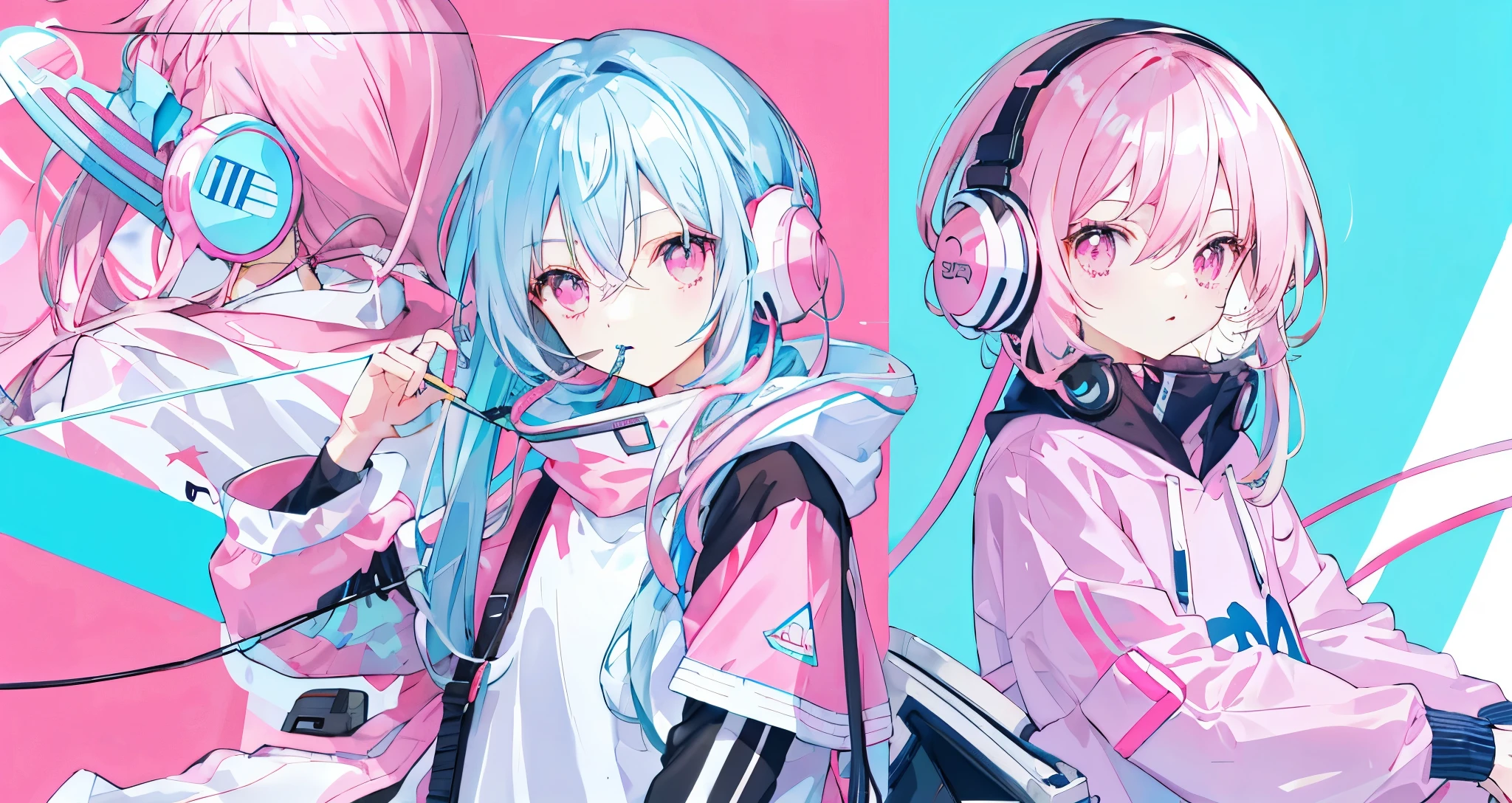 light blue long hair,Pink and white sweatshirt,pink eyes,black headphones,Lollipop in mouth