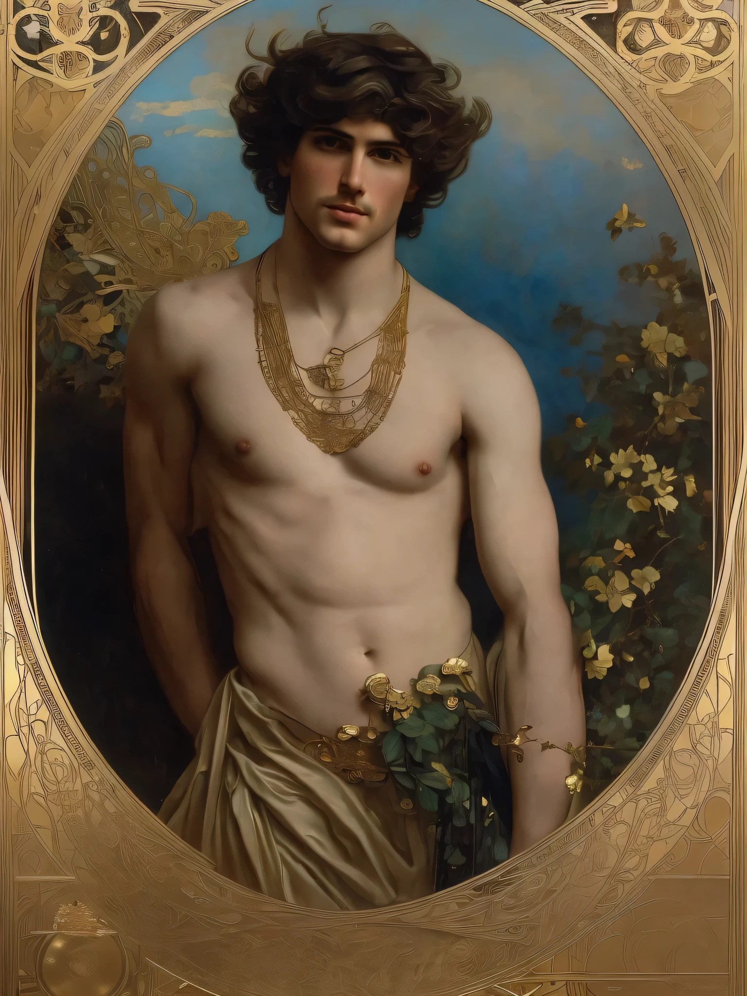 high quality, super realistic, Envision a hyper-realistic composition that seamlessly integrates the exquisite detail of John Singer Sargent with the dreamlike elegance of Alphonse Mucha, creating a insanely handsome man’s portrait where realism and Art Nouveau mystique converge, An extremely seductive masculine and handsome man is depicted against a backdrop of golden swirling patterns inspired by Mucha's iconic golden ornamental designs, The man is adorned in flowing garments that echo Mucha's romantic style, with intricate patterns intertwining seamlessly with the hyper-realistic details of his attire, by yukisakura, highly detailed,